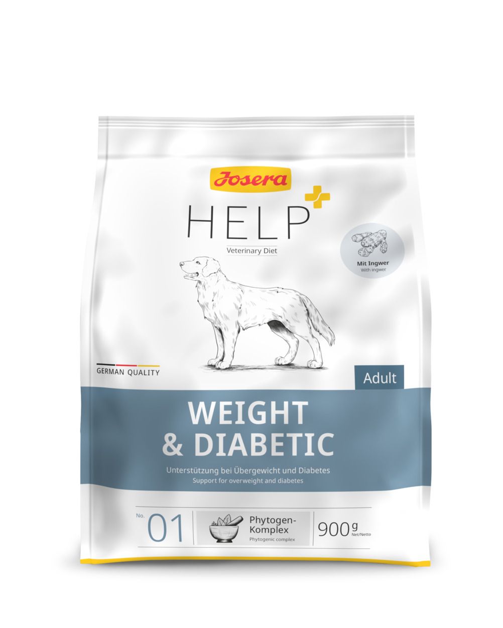 Josera Help Weight & Diabetic Hund. Emballage blanc avec bande bleue. Inscription: Weight & Diabetic, Adult. 900g. Avec gingembre.