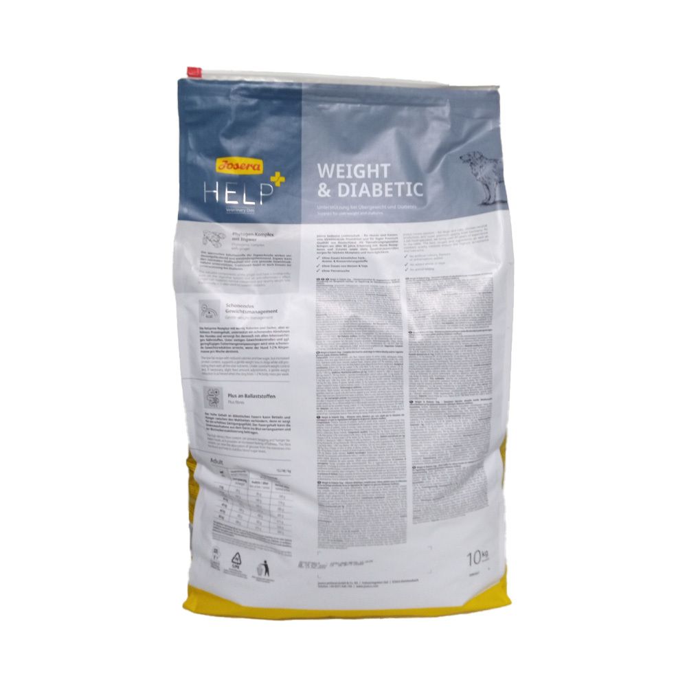 Dos du sac Josera Help Weight & Diabetic Hund. Fond blanc avec texte. 10kg.