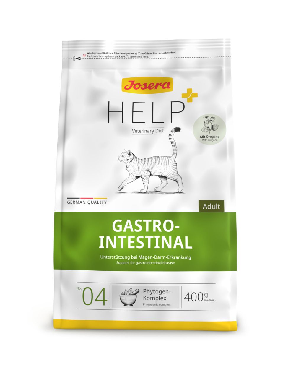 Josera HELP Gastrointestinal kattenvoer. Witte verpakking met groene accenten, kat, tekst: Gastrointestinal, 400g.