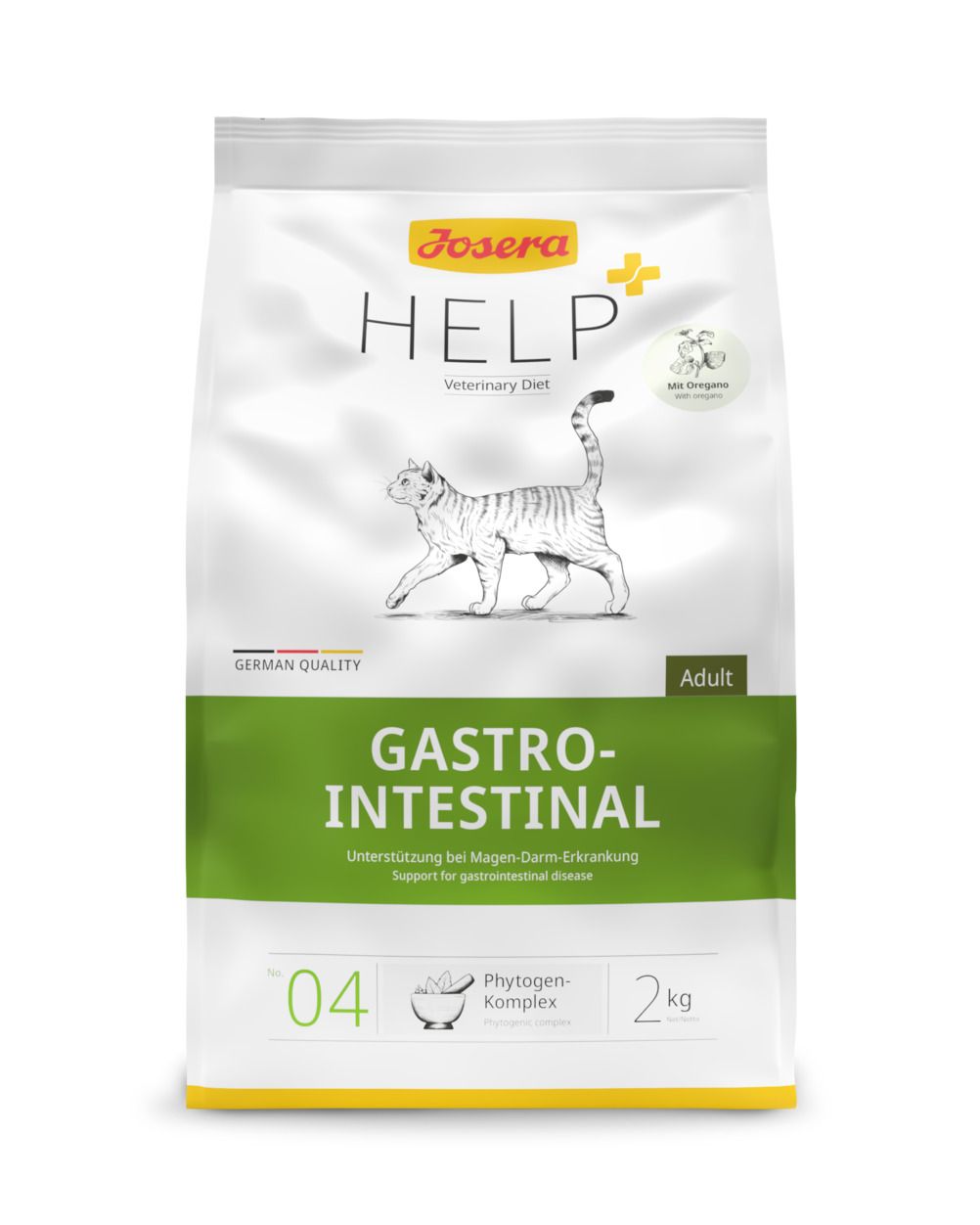 Sac de nourriture pour chats Josera HELP Gastrointestinal. Blanc, vert, jaune. Illustration de chat. 2 kg. Inscription : Gastrointestinal, Adult.