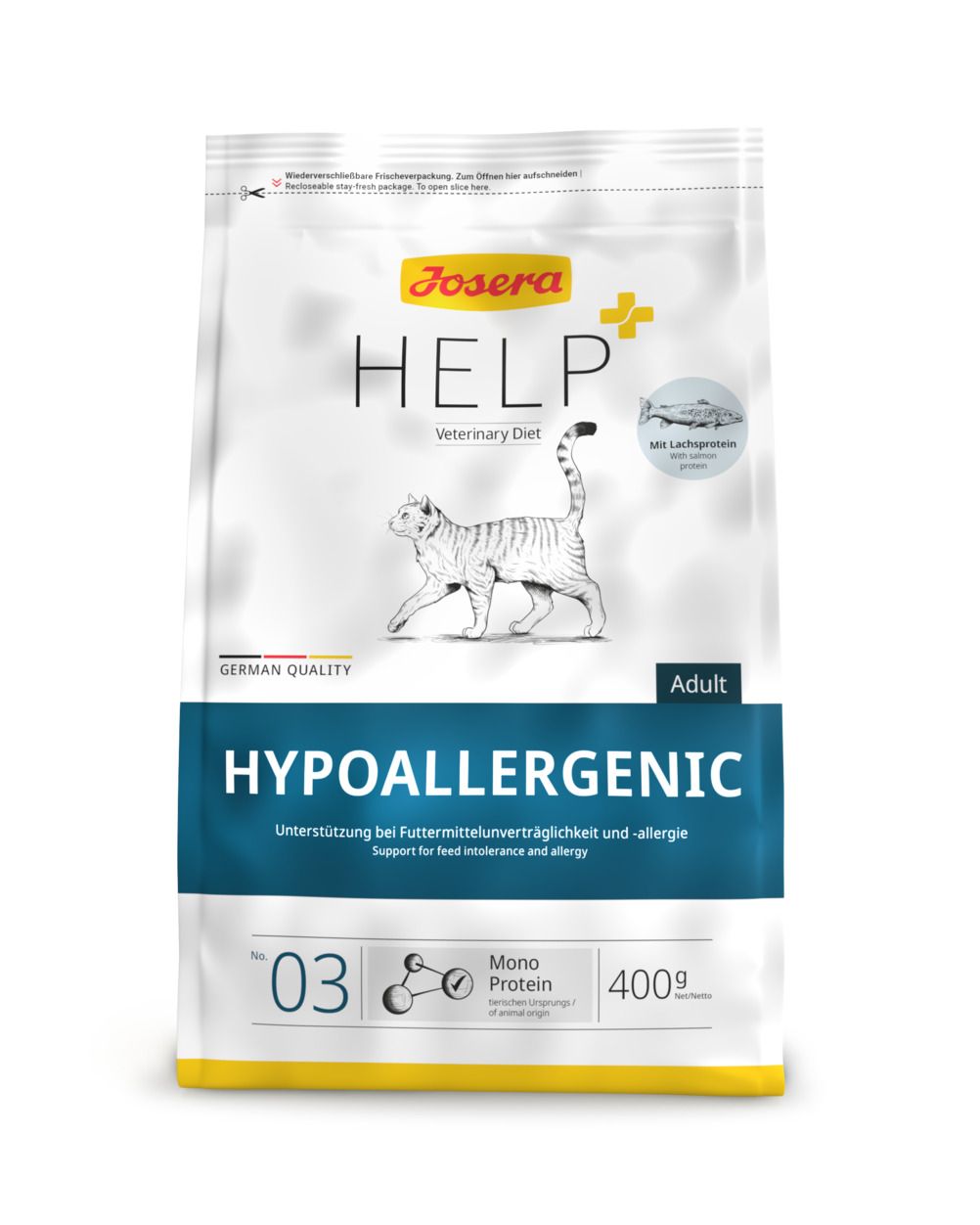 Zak kattenvoer. Opschrift: Josera Help Hypoallergenic. Met vissymbool. 400g. Voor volwassen katten.