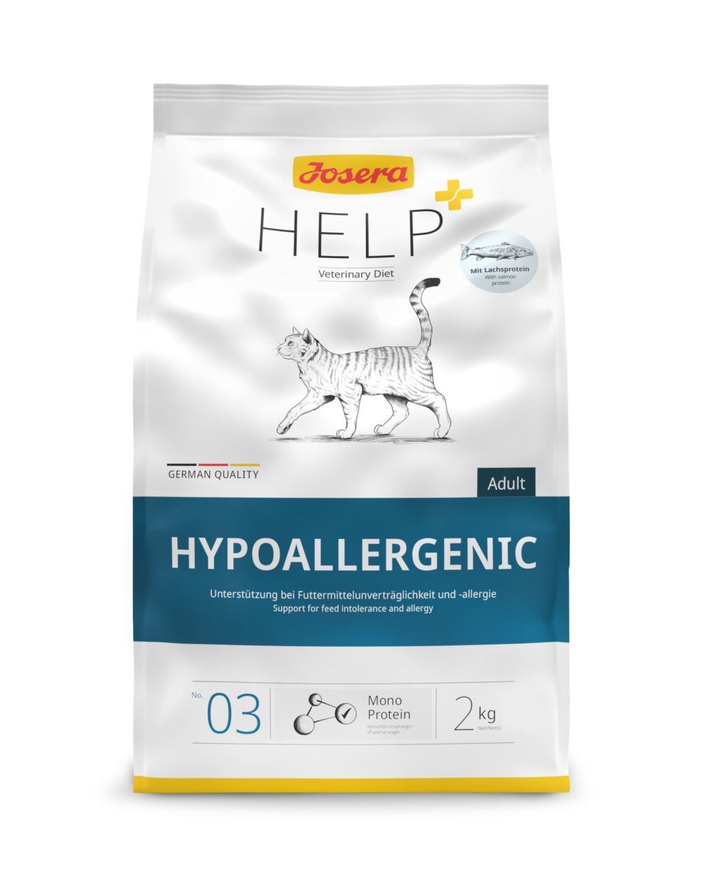 Josera HELP Hypoallergenic kattenvoerzak. Wit, blauw, geel. Kat illustratie. 2 kg. Tekst: Hypoallergenic, Mono Protein.