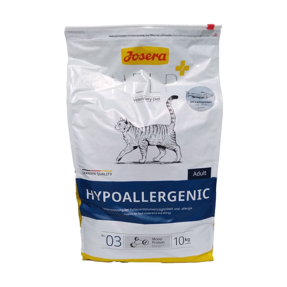 Josera Help Hypoallergenic droogvoer. Witte verpakking met logo, kat en tekst: Hypoallergenic, Adult, 10kg.