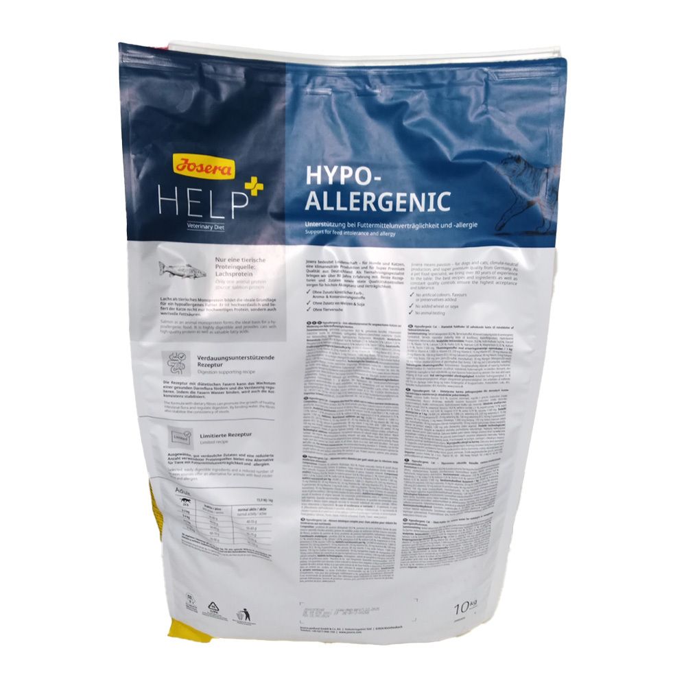 Achterkant van de verpakking van Josera Help Hypoallergenic droogvoer. Bevat tekst en voedingsinformatie.