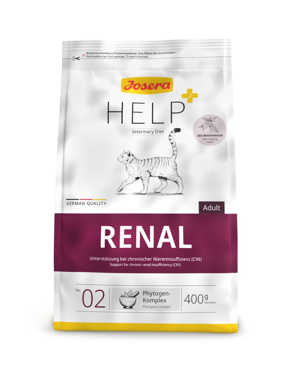 Josera HELP Renal Adult kattenvoerzak. Opschrift: Renal, Adult, Phytogen-Komplex, 400g. Met kattenafbeelding.