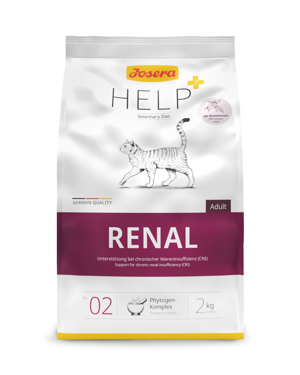 Josera Help Renal kattenvoerzak. Wit, met logo, kat en tekst. Opschrift: Renal, Veterinary Diet, Adult, 2 kg.