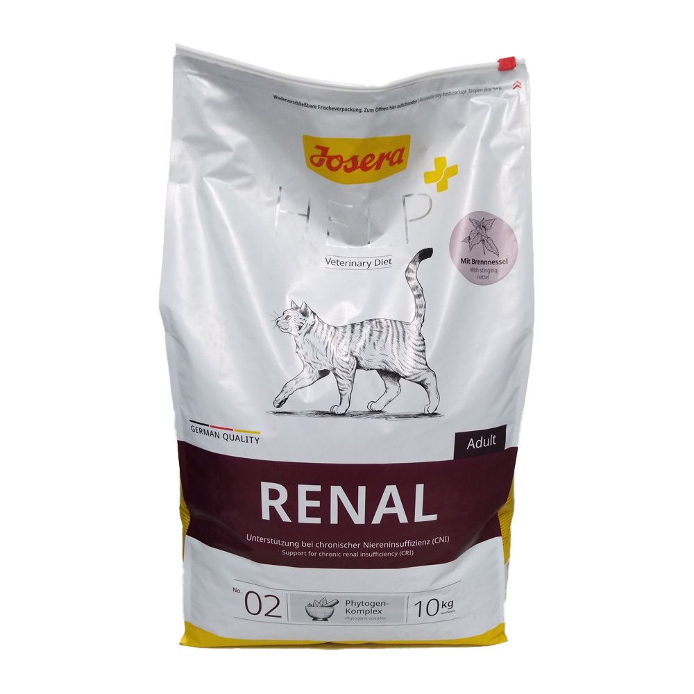 Josera Help Renal kattenvoerzak. Opschrift: Renal, kat, 10 kg. Met kwaliteitslabel.