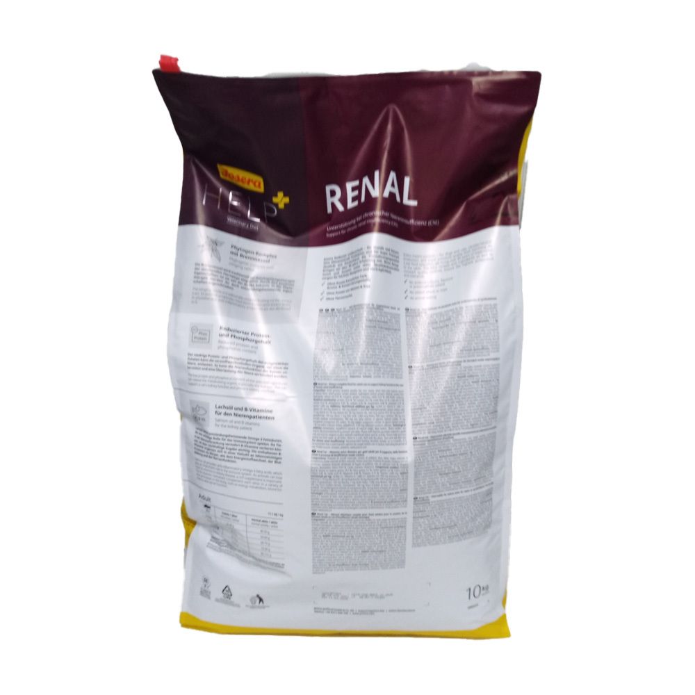 Achterkant van de Josera Help Renal kattenvoerzak. Tekstgedeelten en informatie over de samenstelling.