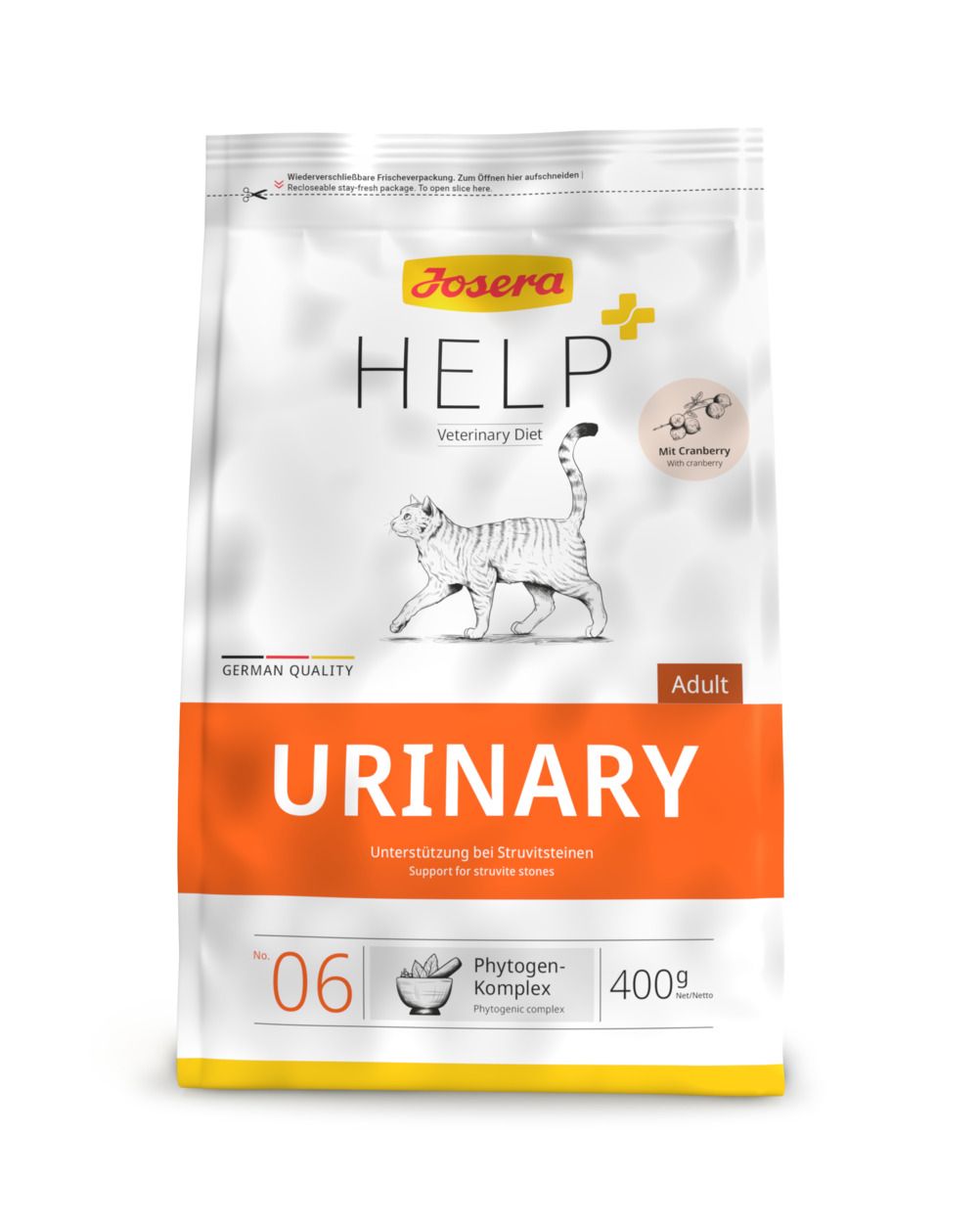 Josera HELP Urinary kattenvoerzak. Wit-oranje verpakking met kat, tekst HELP, cranberry afbeelding, 400g.