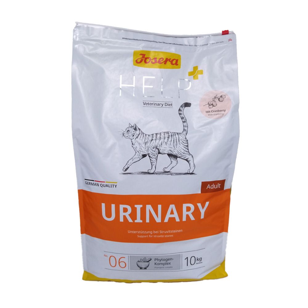 Sac de nourriture pour chats. Inscription : Josera Help Urinary, Adult. Image d'un chat. Emballage orange et blanc. 10 kg.