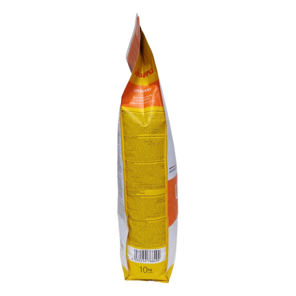 Vue latérale du sac de nourriture pour chats. Emballage orange et blanc. Code-barres et poids de 10 kg visibles.