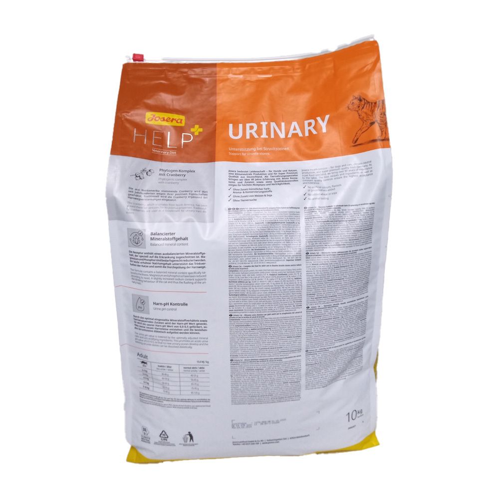 Dos du sac de nourriture pour chats. Inscription : Josera Help Urinary. Texte et informations sur la composition. 10 kg.