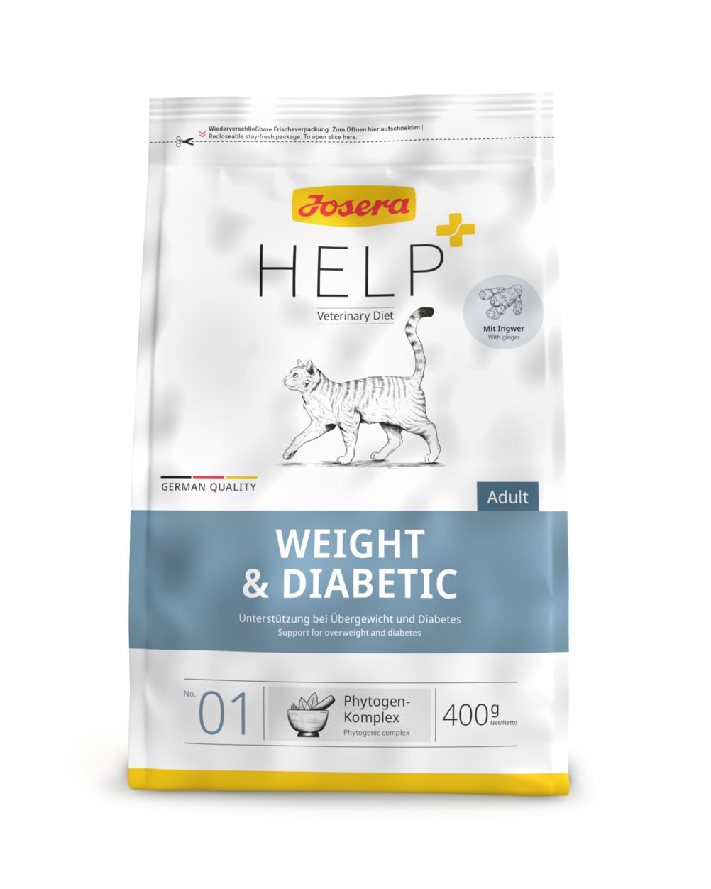 Josera Help Weight & Diabetic Katze. Witte zak met productnaam en kat. 400g. Met gember.