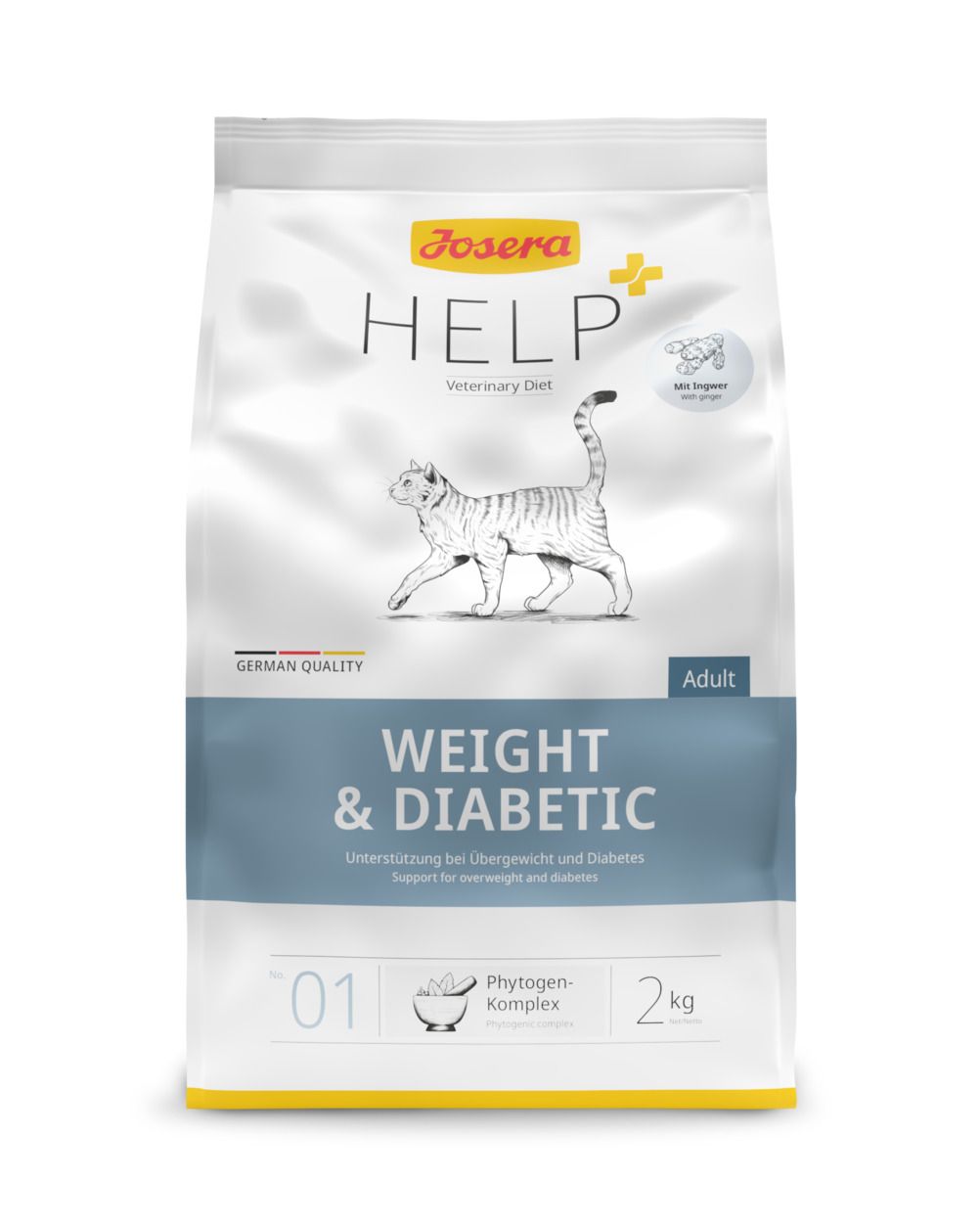 Josera Help Weight & Diabetic Katze. Sac blanc avec chat. Texte: Weight & Diabetic, 2 kg, Adult.