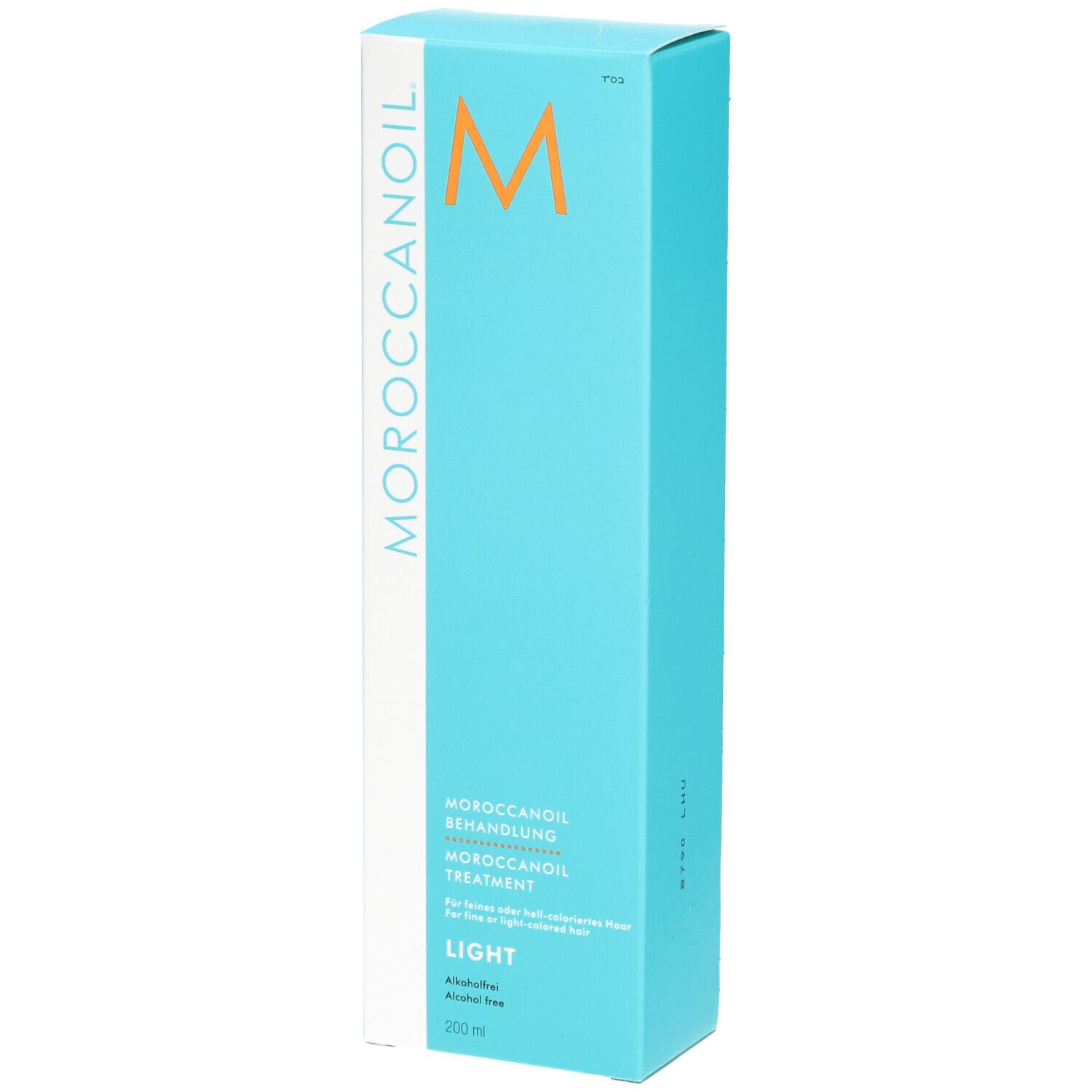 Emballage Moroccanoil Light Treatment, bleu clair, avec logo M orange et informations produit.