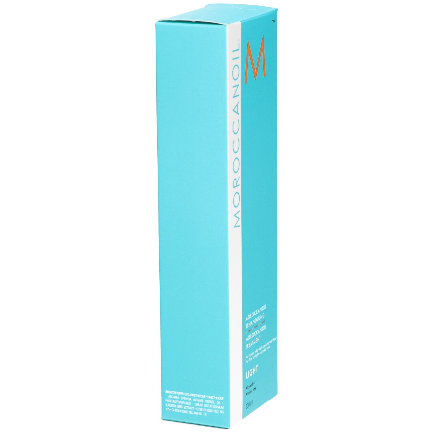 Boîte turquoise avec inscription Moroccanoil et mention "Light".