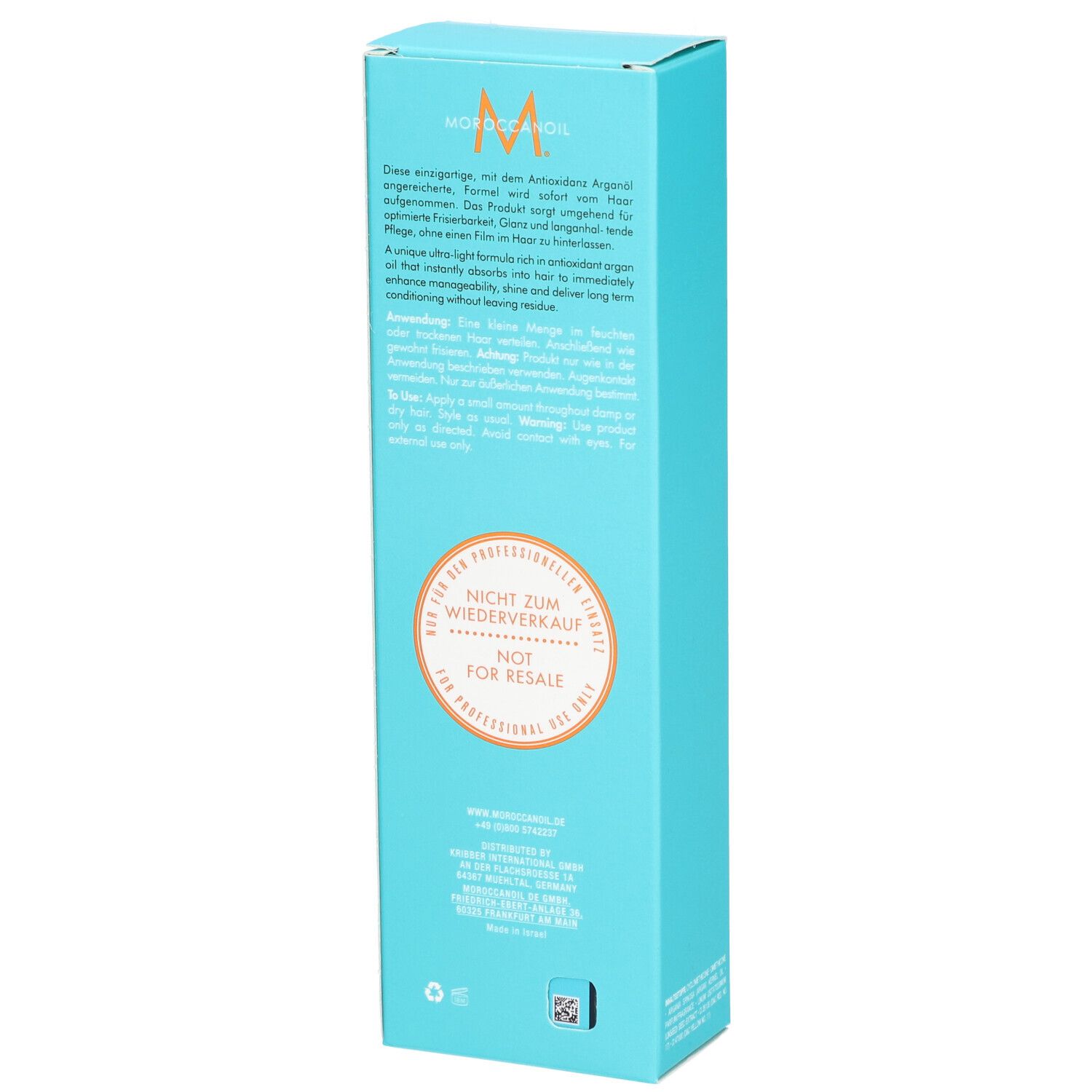 Boîte turquoise avec logo Moroccanoil et informations produit. Mention : Pas à revendre.