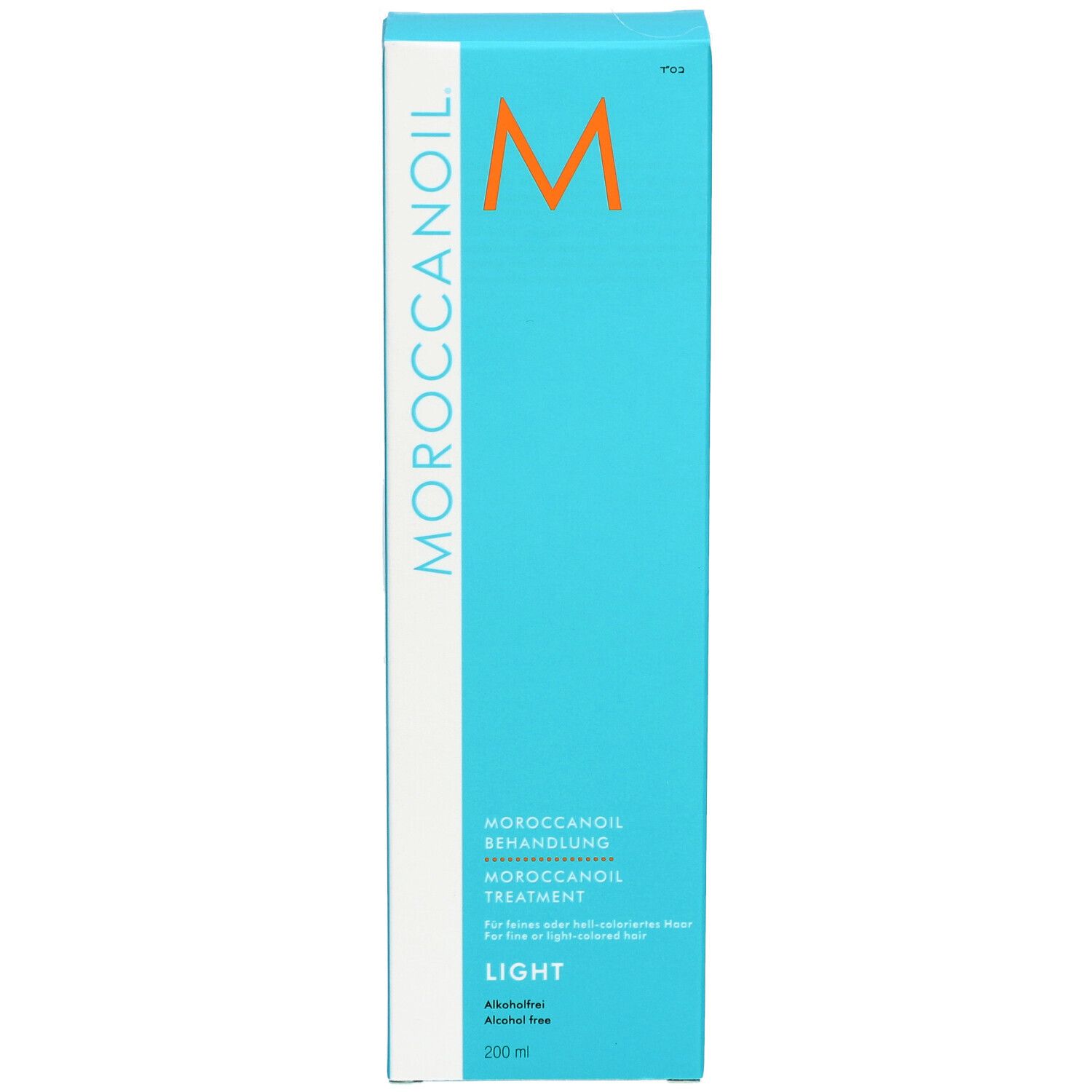 Boîte Moroccanoil Light Treatment, bleu clair avec bande blanche. Contient 'MOROCCANOIL BEHANDLUNG LIGHT' et 'MOROCCANOIL TREATMENT'. 200ml.