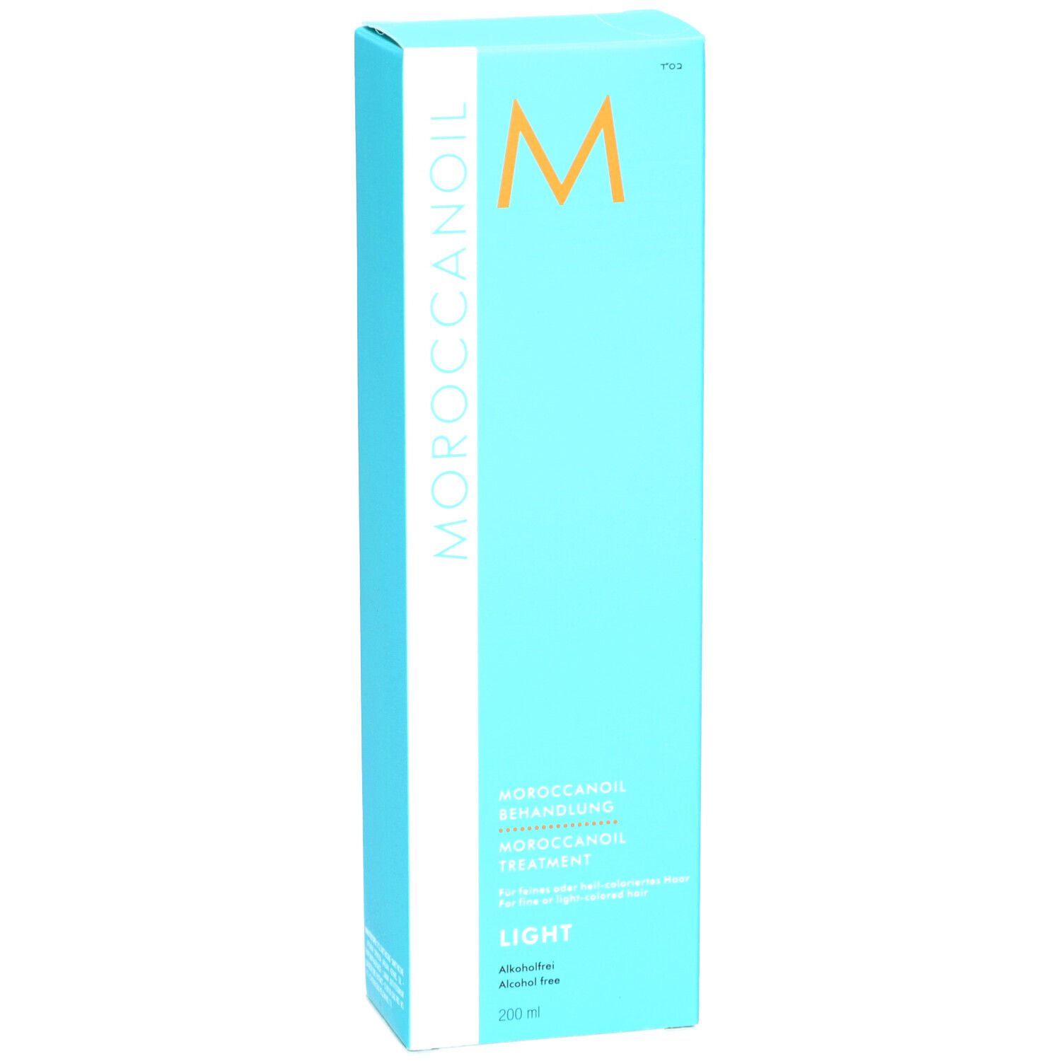 Boîte turquoise avec logo "MOROCCANOIL" et inscription "MOROCCANOIL BEHANDLUNG LIGHT".
