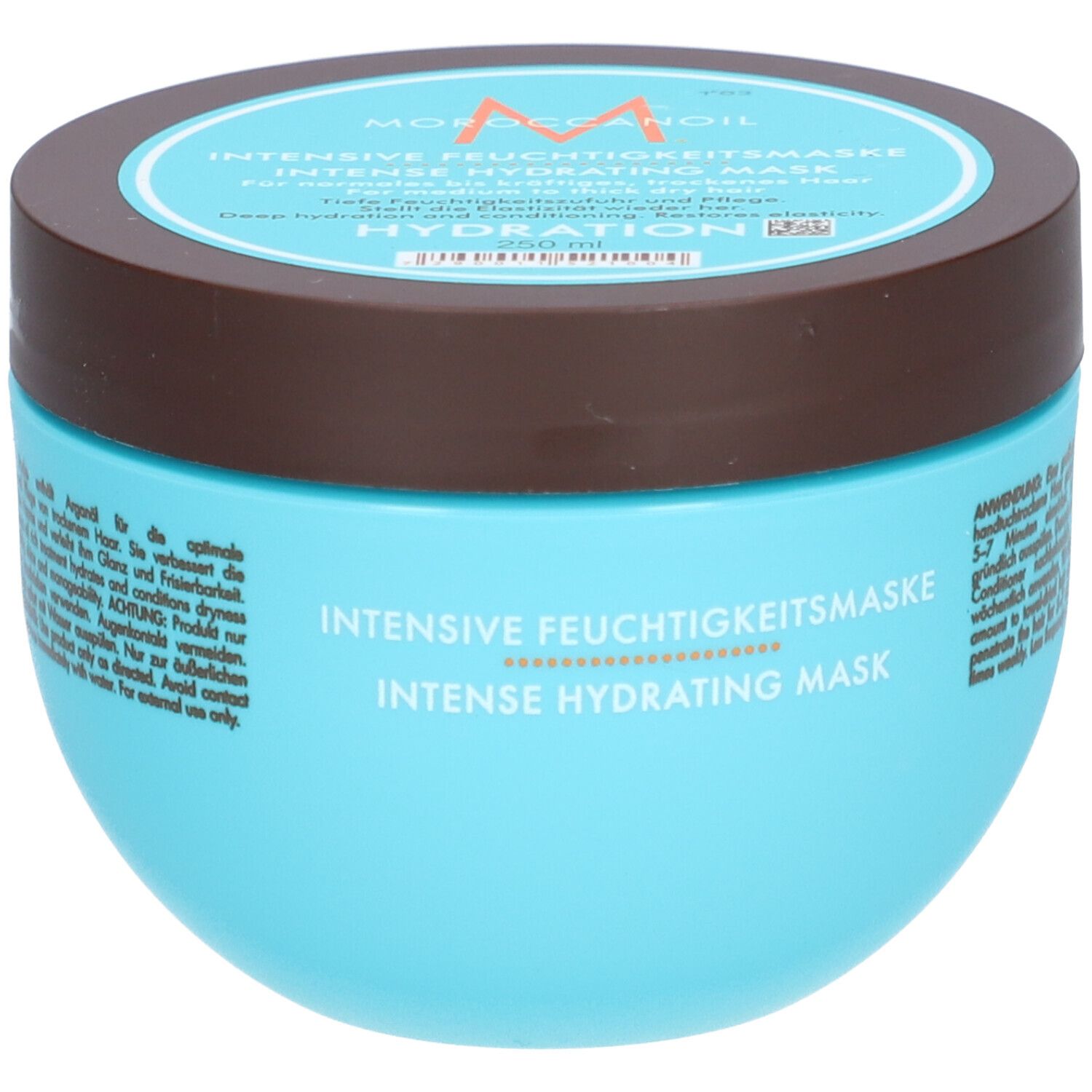 Pot turquoise avec couvercle marron, masque hydratant intense Moroccanoil.
