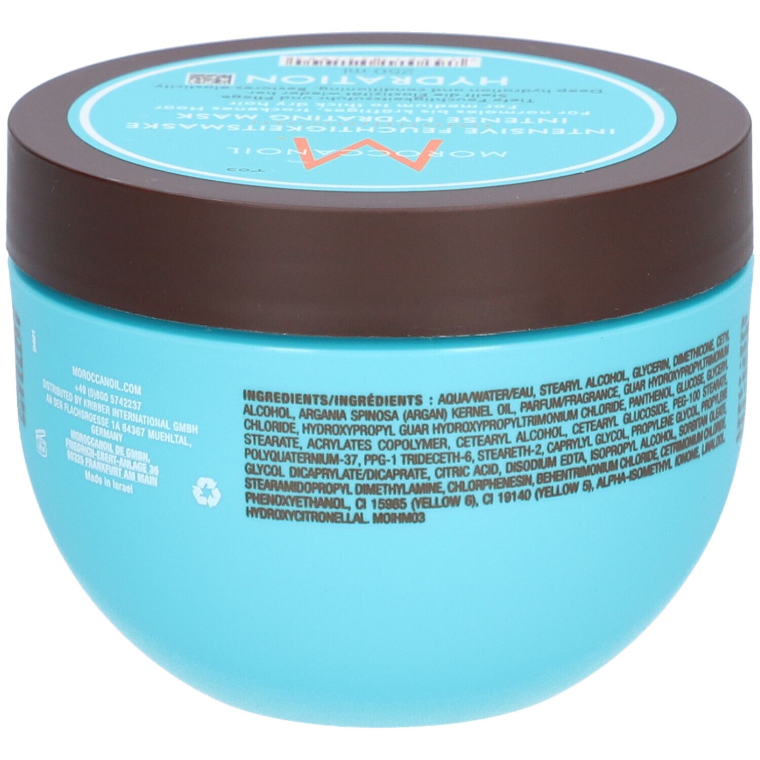 Pot bleu clair avec couvercle marron, inscription Moroccanoil Intense Hydrating Mask.