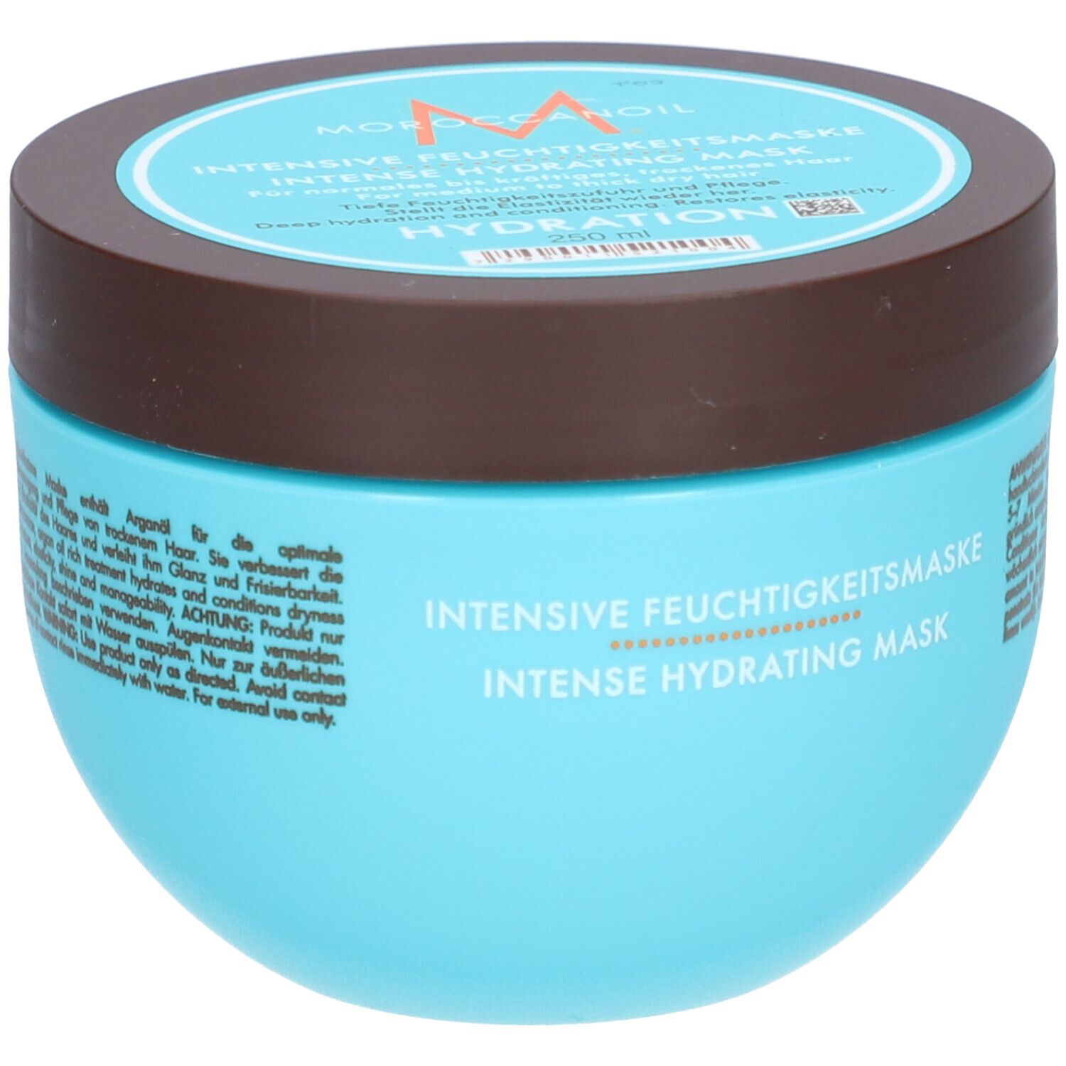 Masque hydratant intense Moroccanoil dans un pot bleu avec un couvercle marron.