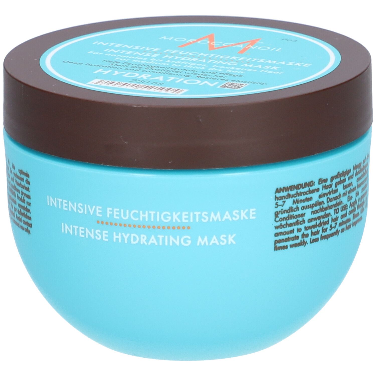 Masque hydratant intense Moroccanoil dans un pot bleu clair avec un couvercle marron.