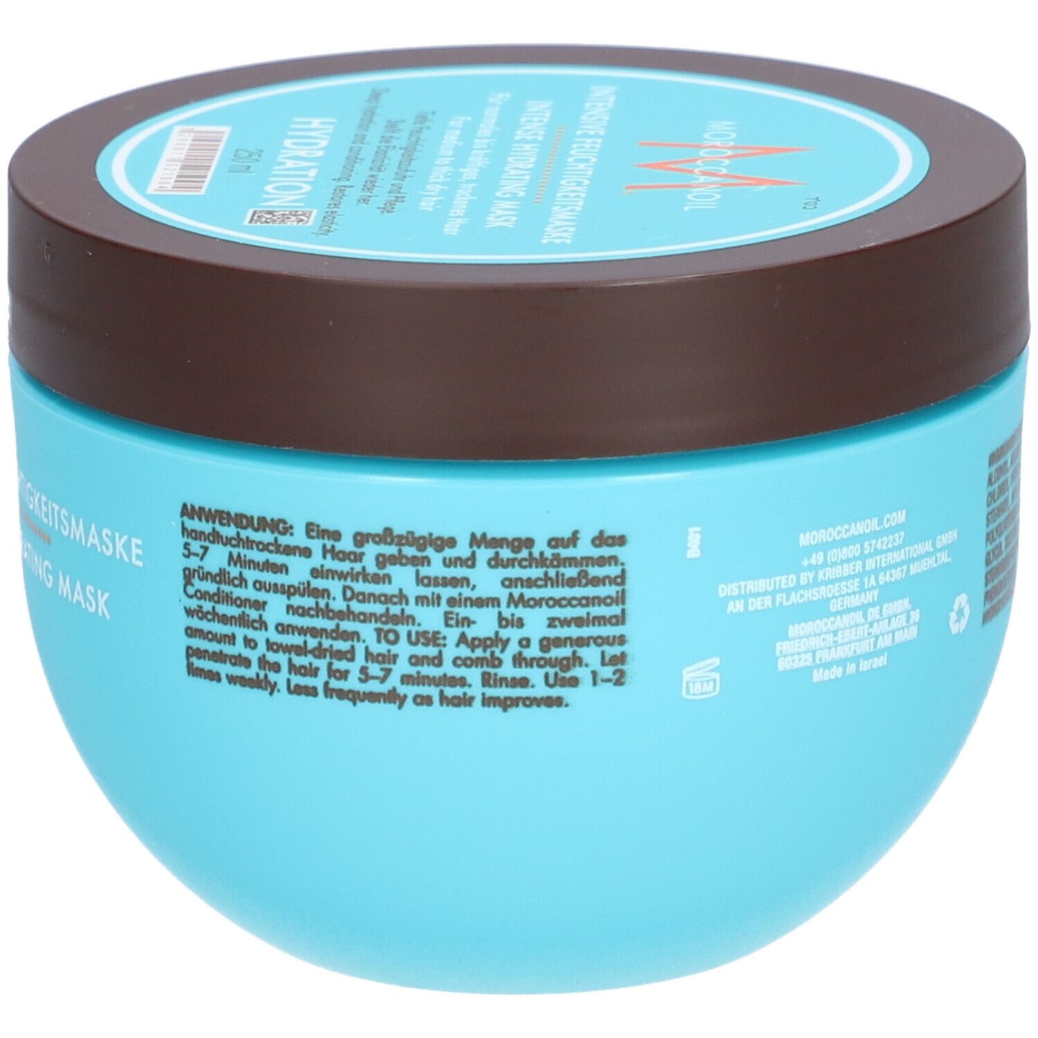 Pot bleu clair avec couvercle marron, Moroccanoil Hydrating Mask.