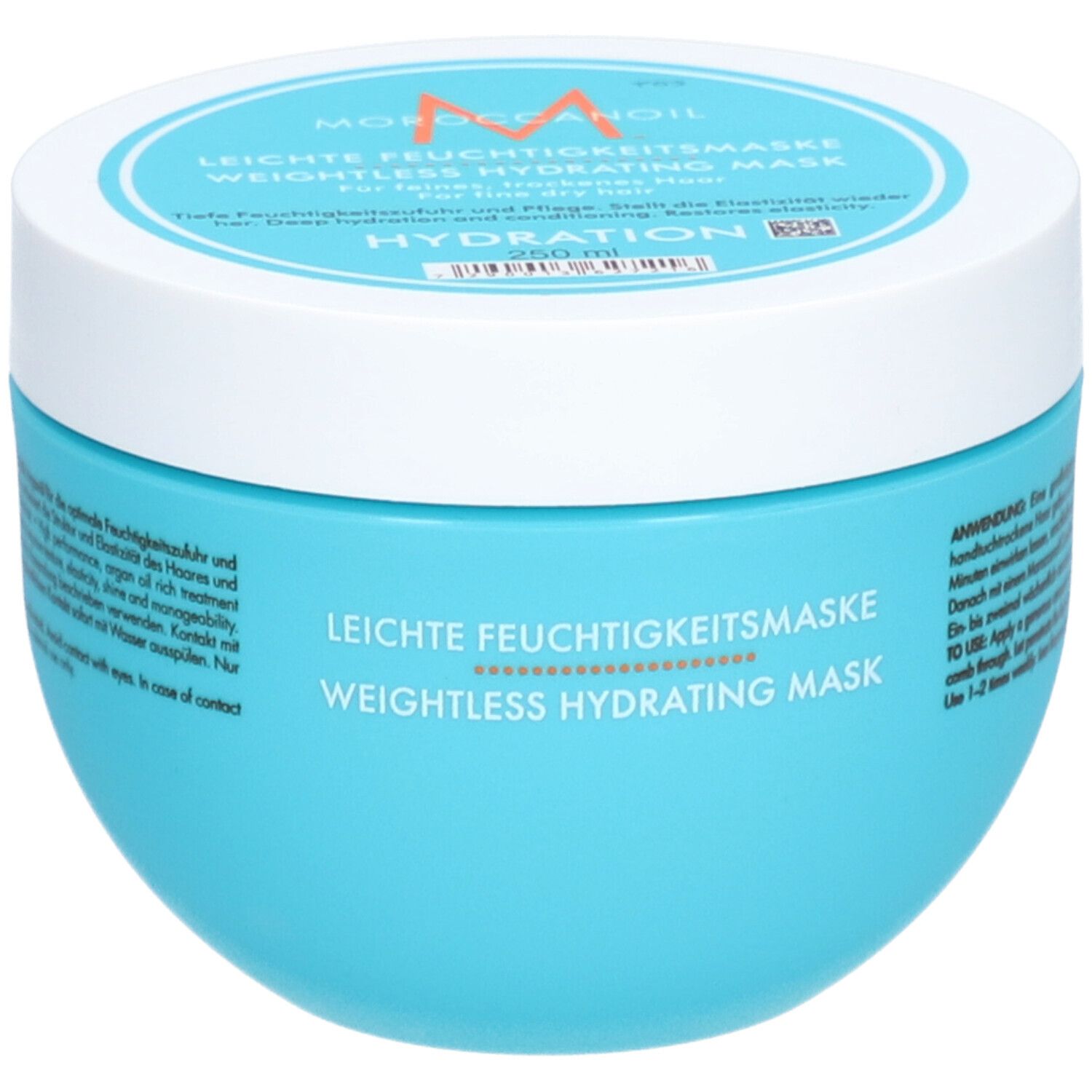 Masque hydratant léger Moroccanoil dans un pot bleu avec couvercle blanc. 250 ml.