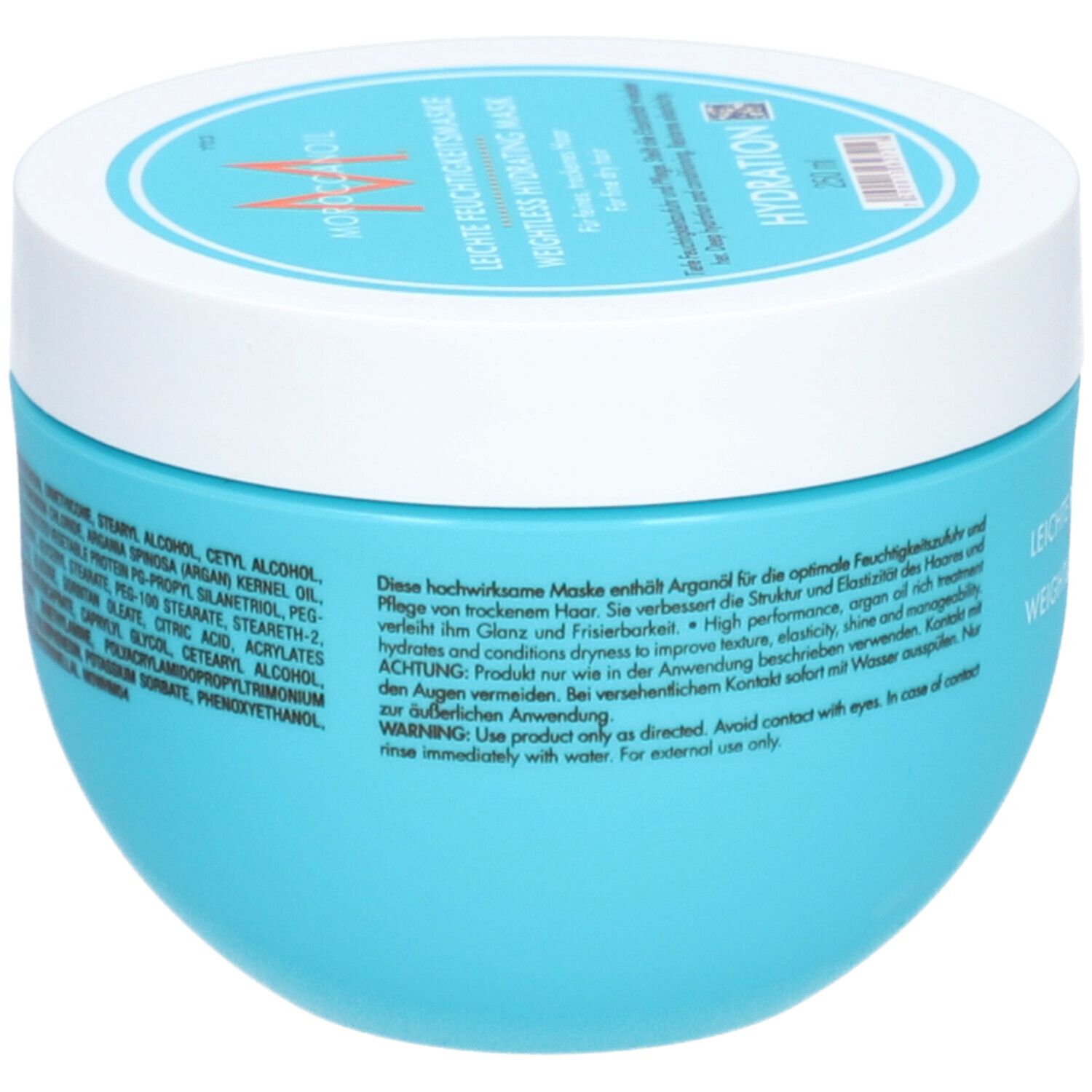 Pot turquoise avec couvercle blanc, masque capillaire à l'huile d'argan, 250ml.