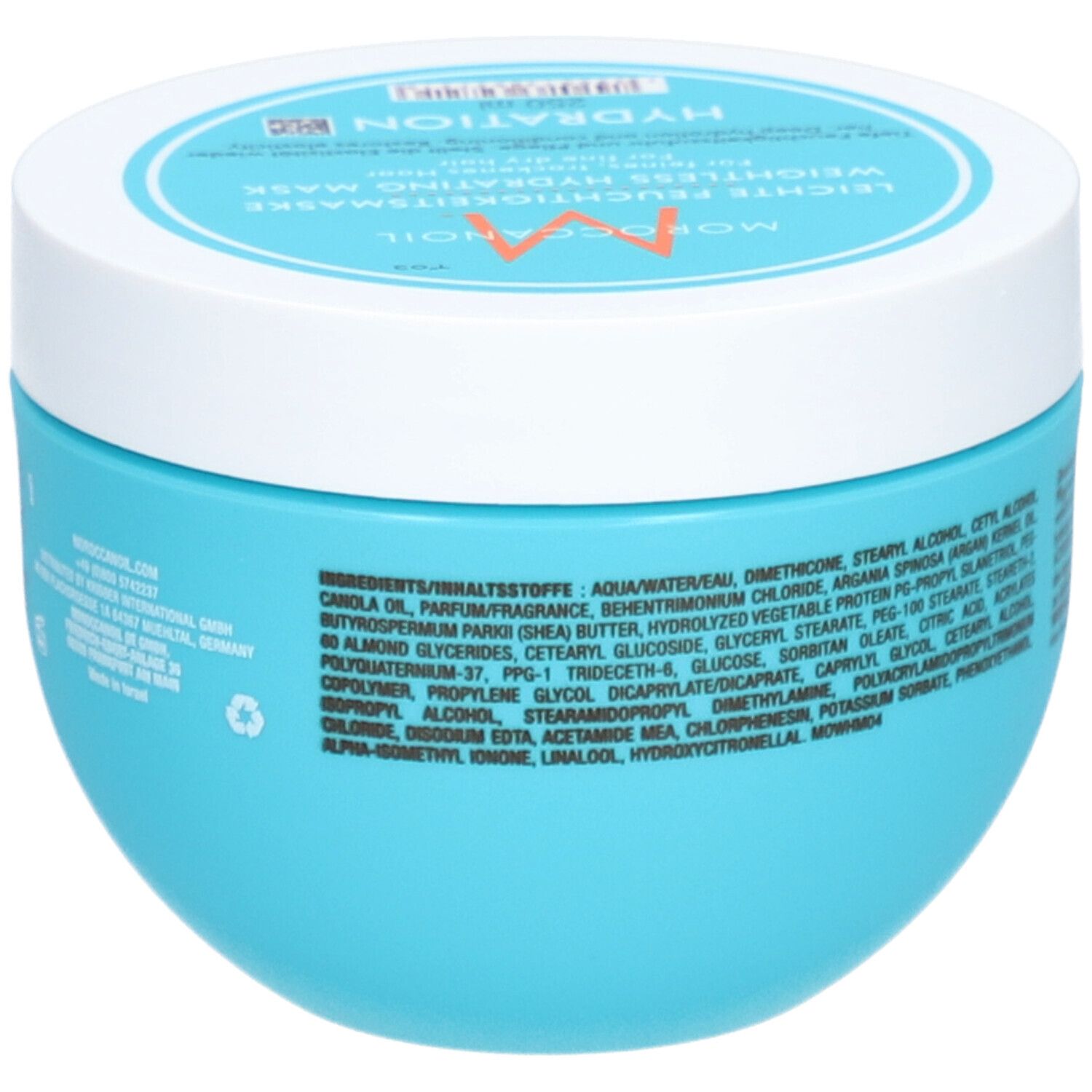 Pot bleu clair avec couvercle blanc, inscription Moroccanoil Hydration. Contient les ingrédients.