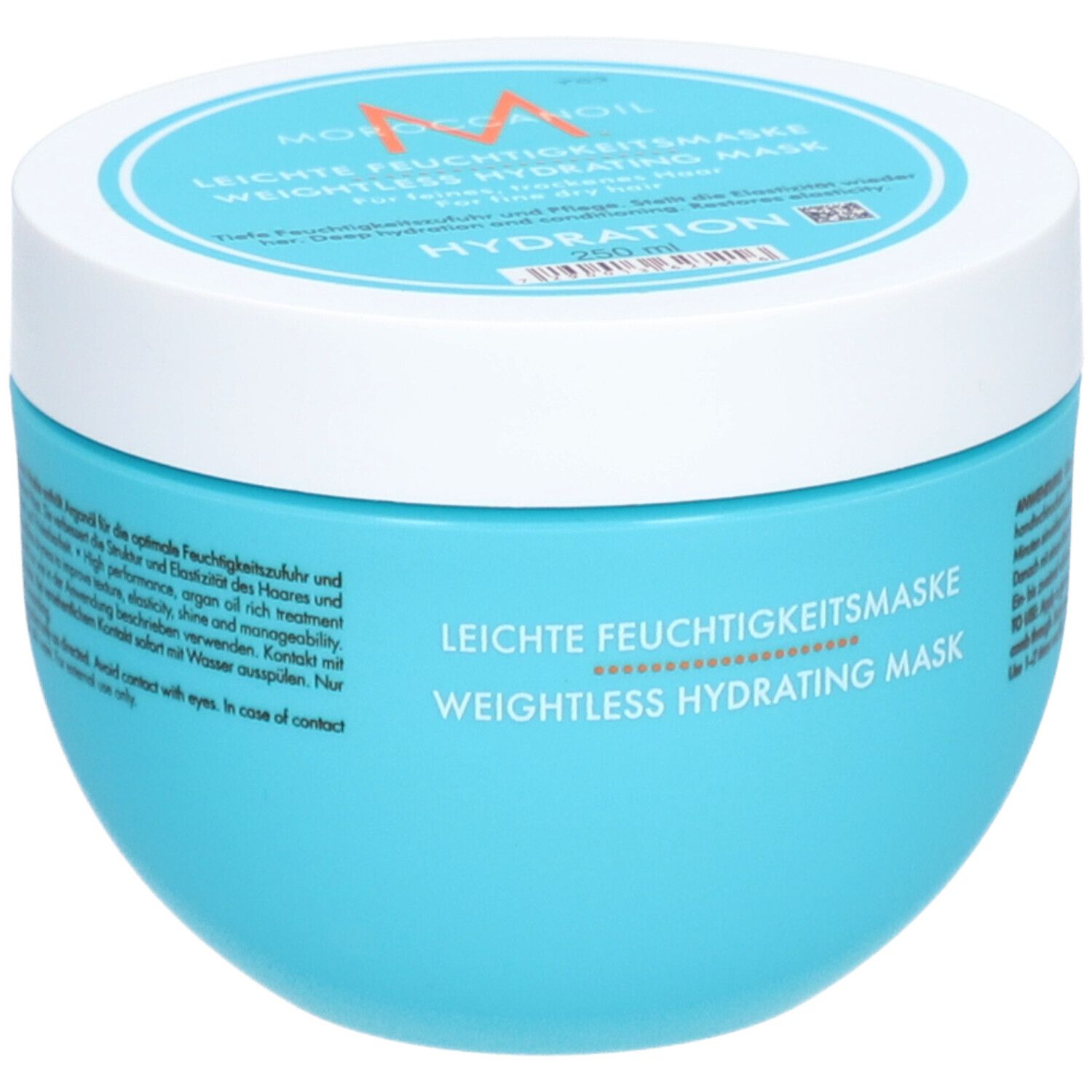 Pot turquoise avec couvercle blanc, Masque hydratant léger Moroccanoil, 250 ml.