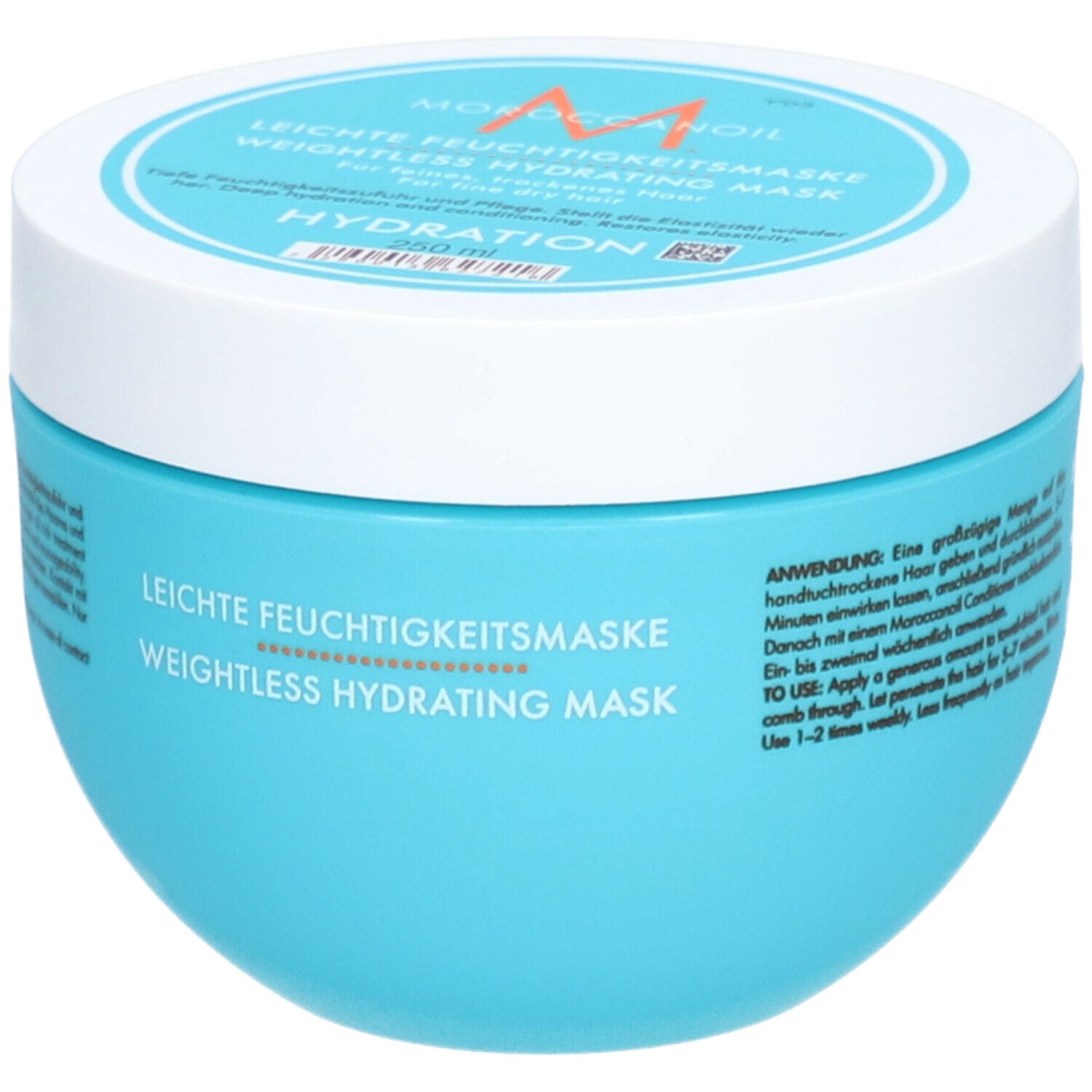 Pot turquoise avec couvercle blanc. Texte : 'Leichte Feuchtigkeitsmaske Weightless Hydrating Mask'.