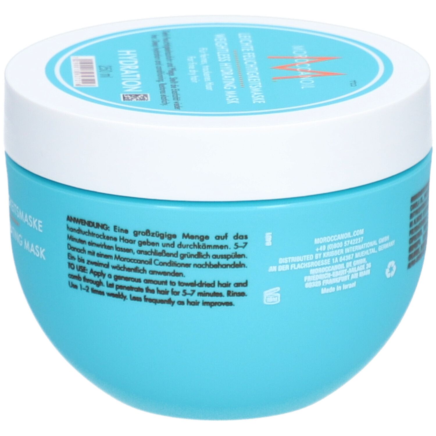 Boîte turquoise avec couvercle blanc, Moroccanoil Hydrating Mask. Instructions d'utilisation incluses.