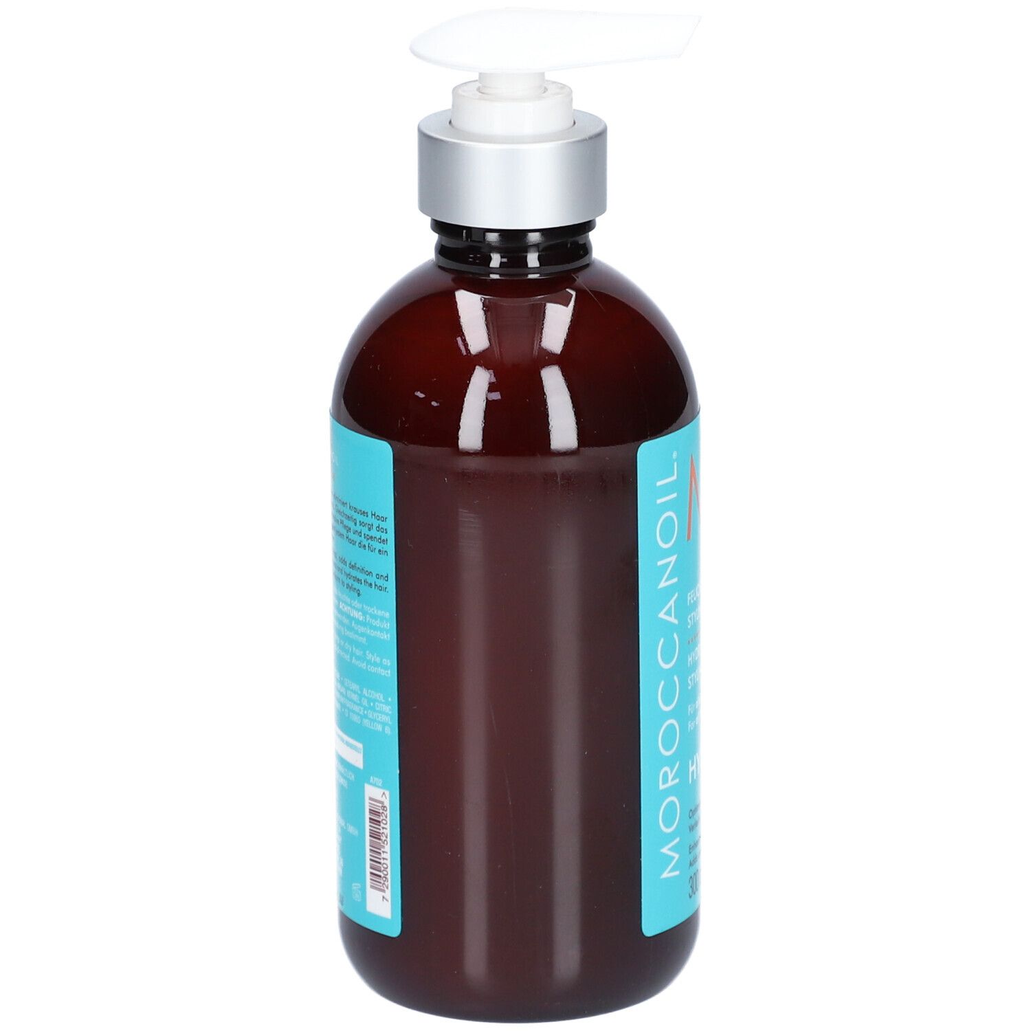 Flacon pompe brun avec un col argenté et une étiquette bleue. Texte : MOROCCANOIL.