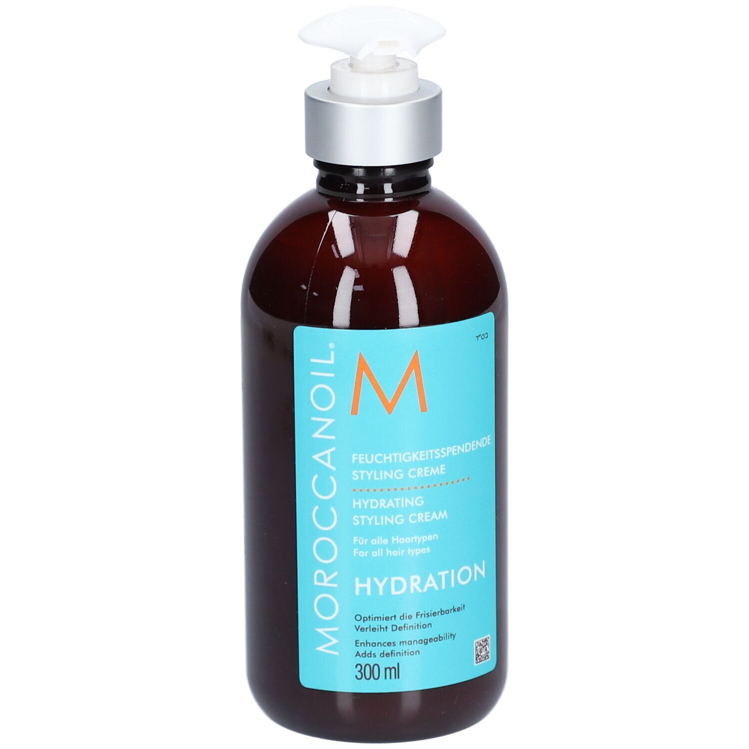 Crème coiffante hydratante Moroccanoil dans une bouteille brune avec distributeur à pompe, 300 ml.