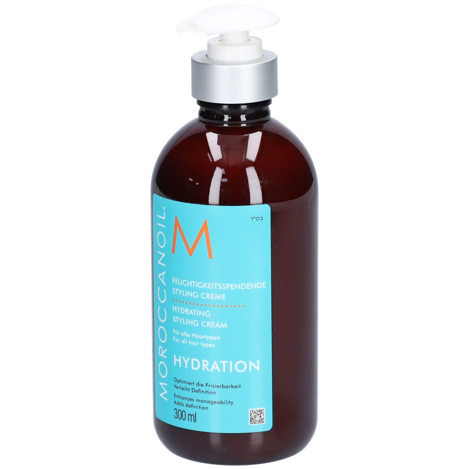 Crème coiffante hydratante Moroccanoil dans une bouteille pompe brune, 300 ml.
