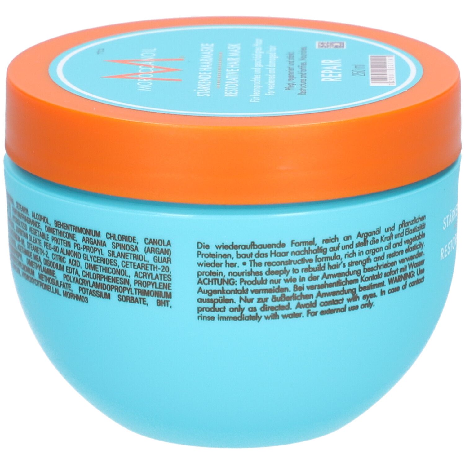 Pot bleu turquoise avec couvercle orange. Inscription : Masque capillaire réparateur. Ingrédients.