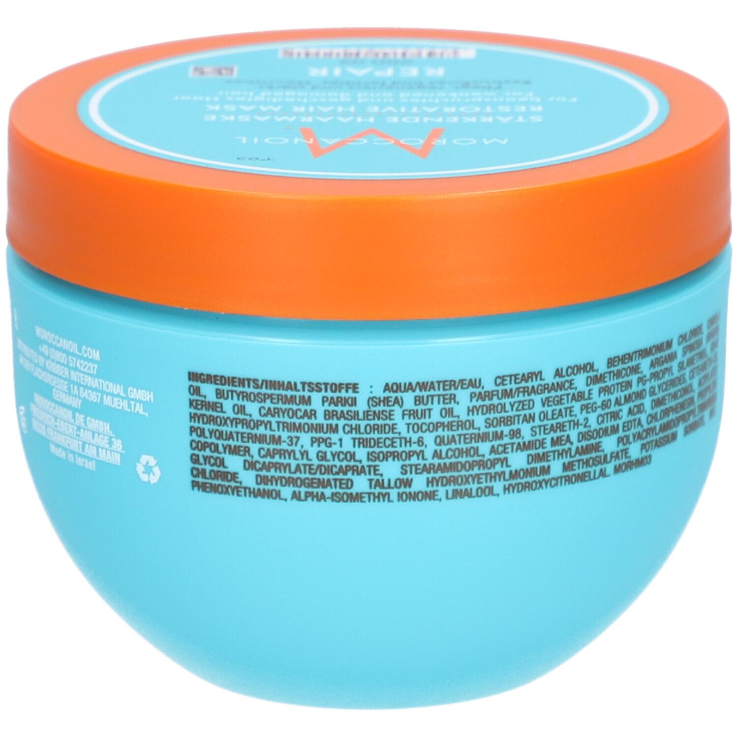 Pot bleu turquoise avec couvercle orange. Inscription : Masque capillaire réparateur. Ingrédients.