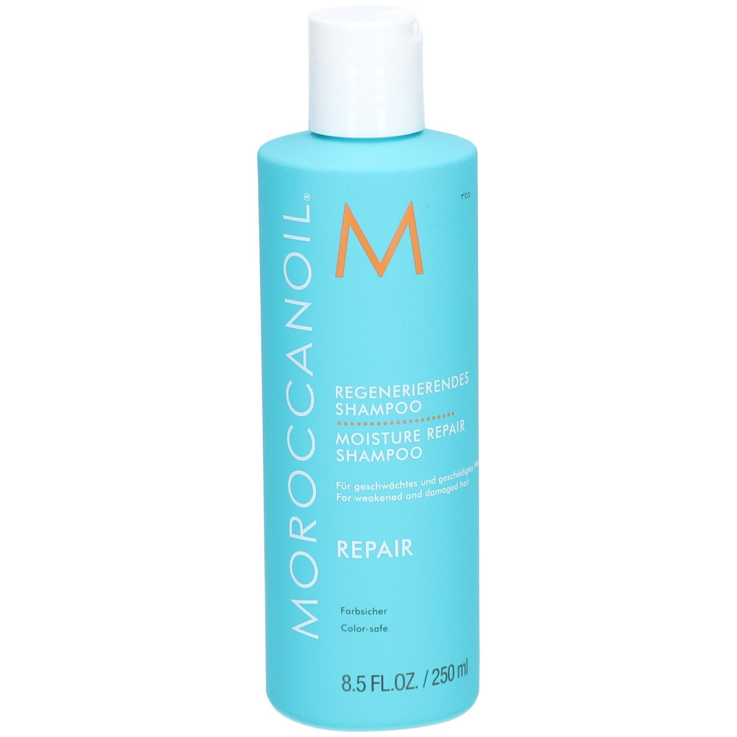 Bouteille bleu sarcelle Moroccanoil Moisture Repair Shampoo, 250ml.