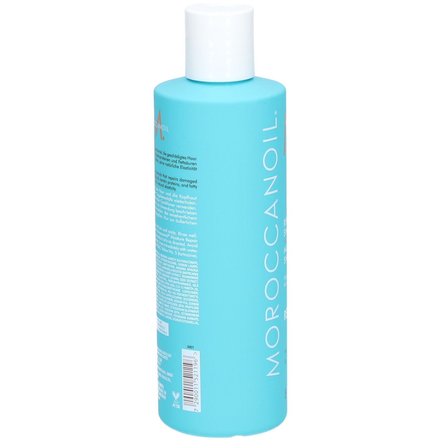 Bouteille turquoise avec bouchon blanc. Inscription verticale MOROCCANOIL.
