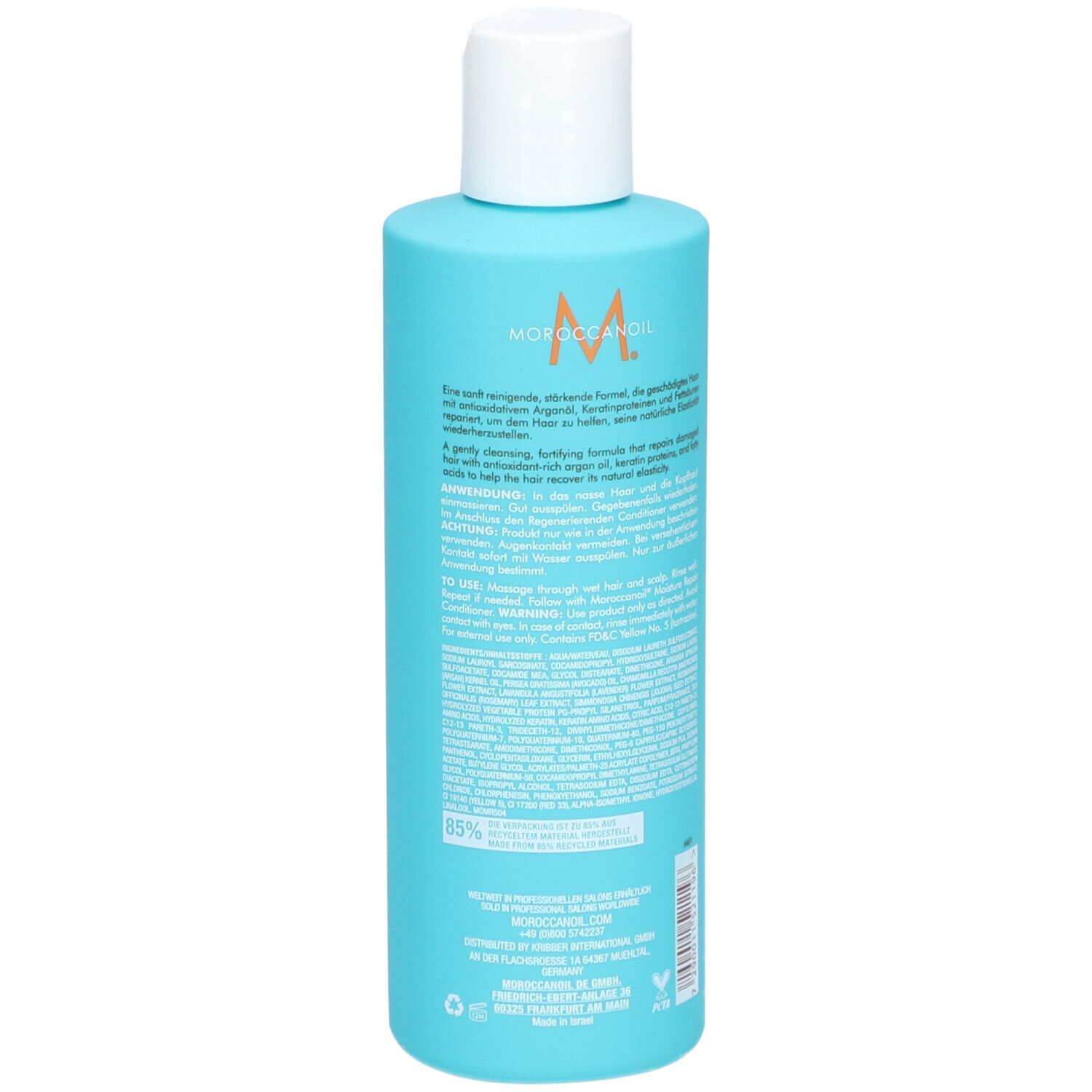 Bouteille turquoise avec bouchon blanc. Logo Moroccanoil et informations produit sur l'étiquette.