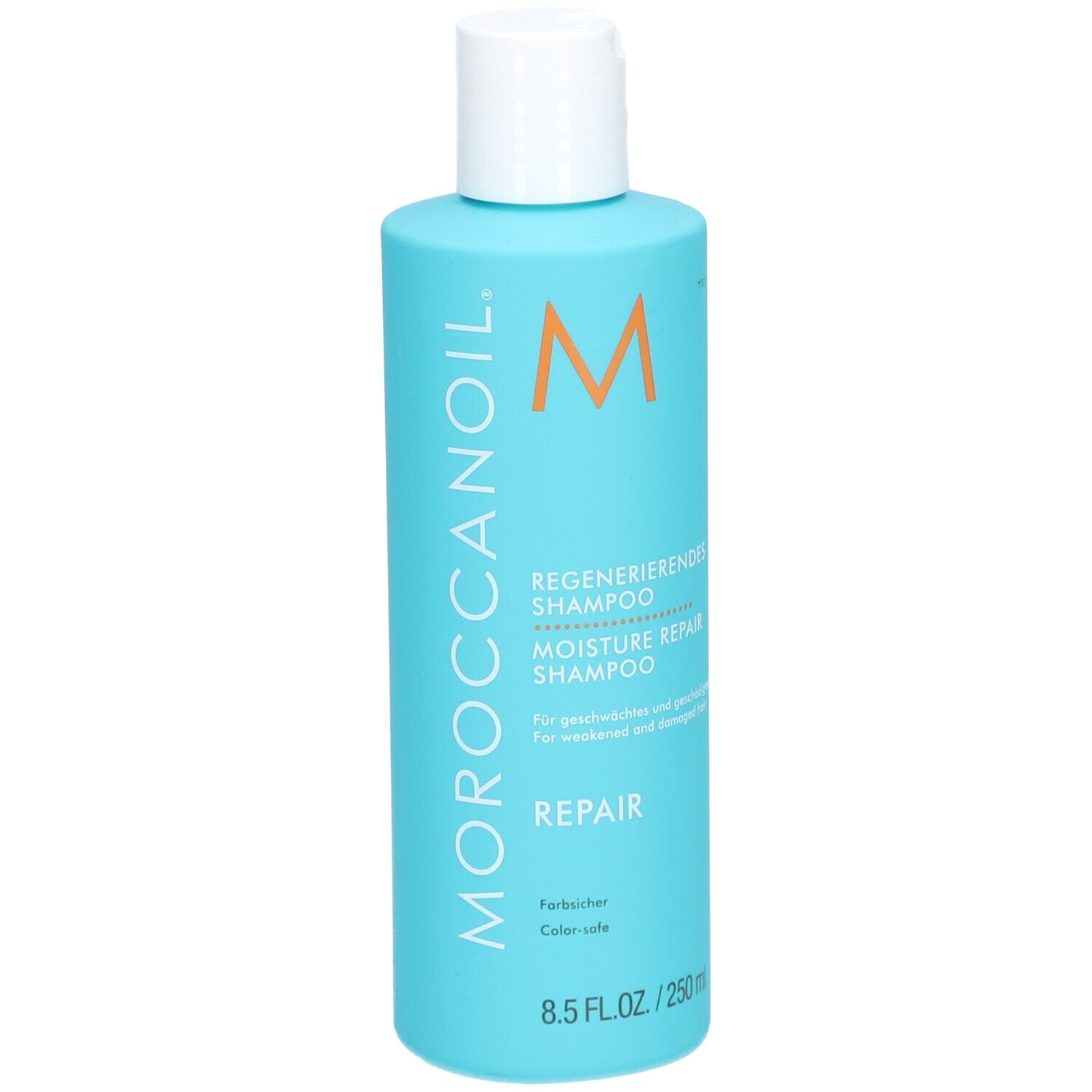 Bouteille turquoise de shampooing Moroccanoil Repair, 250ml.