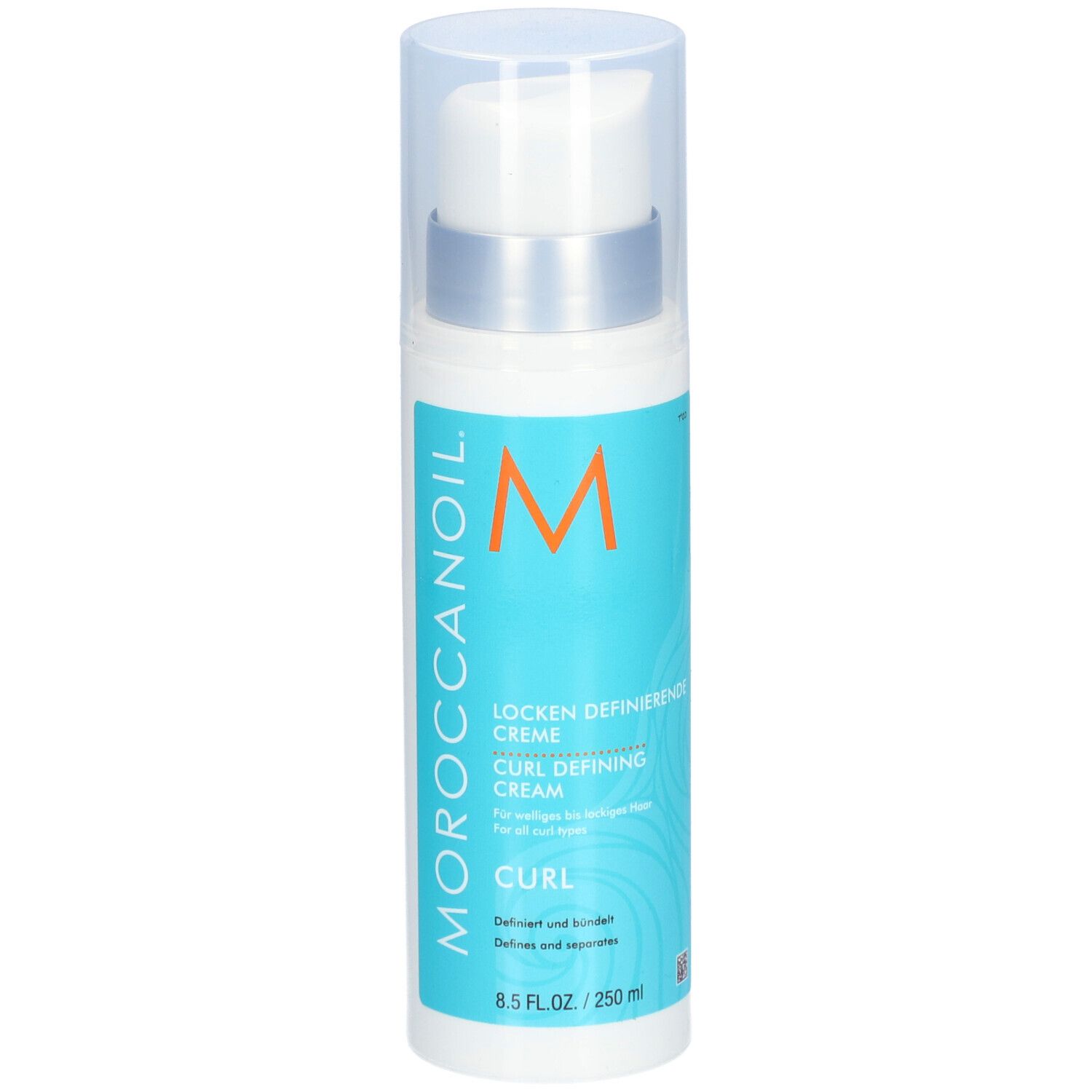 Crème définition boucles Moroccanoil dans un flacon pompe blanc avec étiquette turquoise. 250 ml.