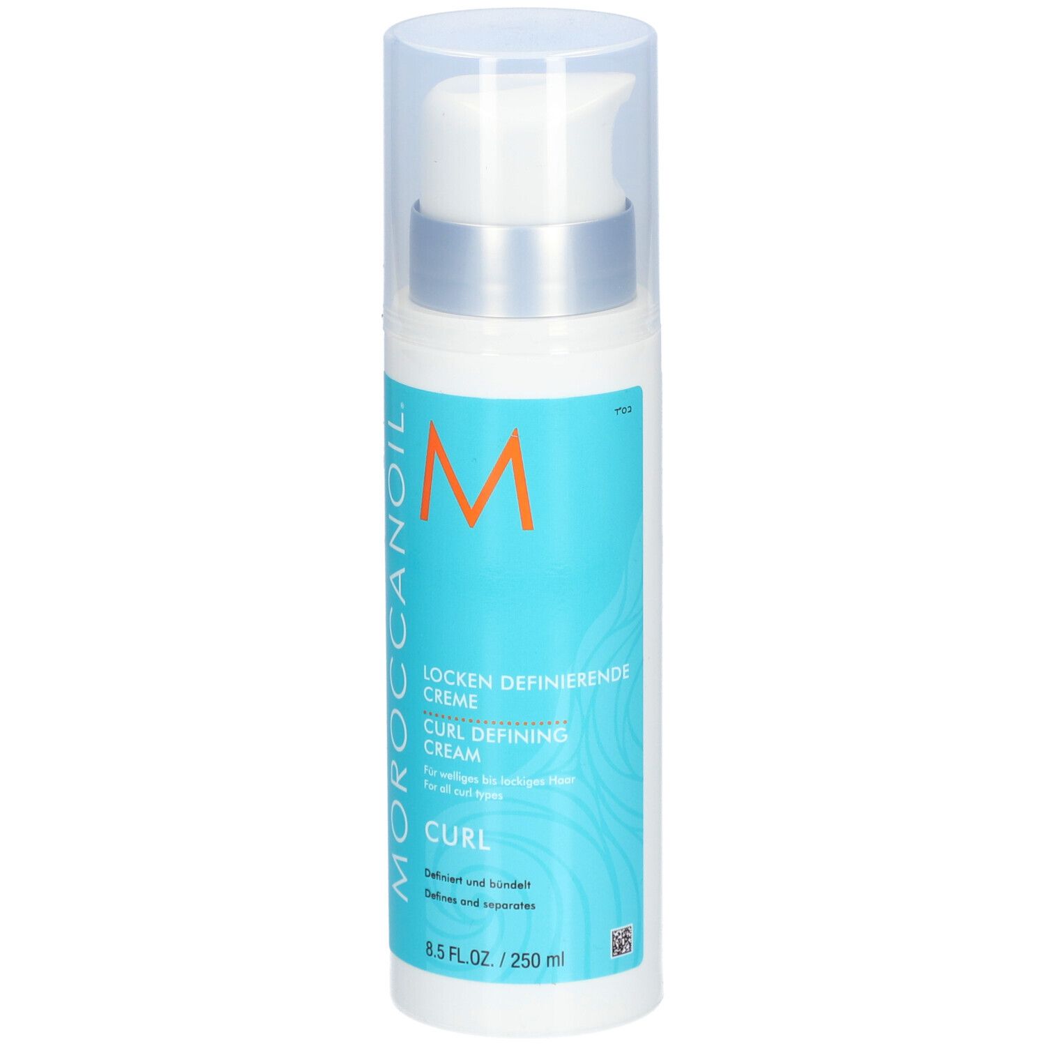 Crème définition boucles Moroccanoil dans un flacon pompe blanc avec étiquette turquoise. 250 ml.