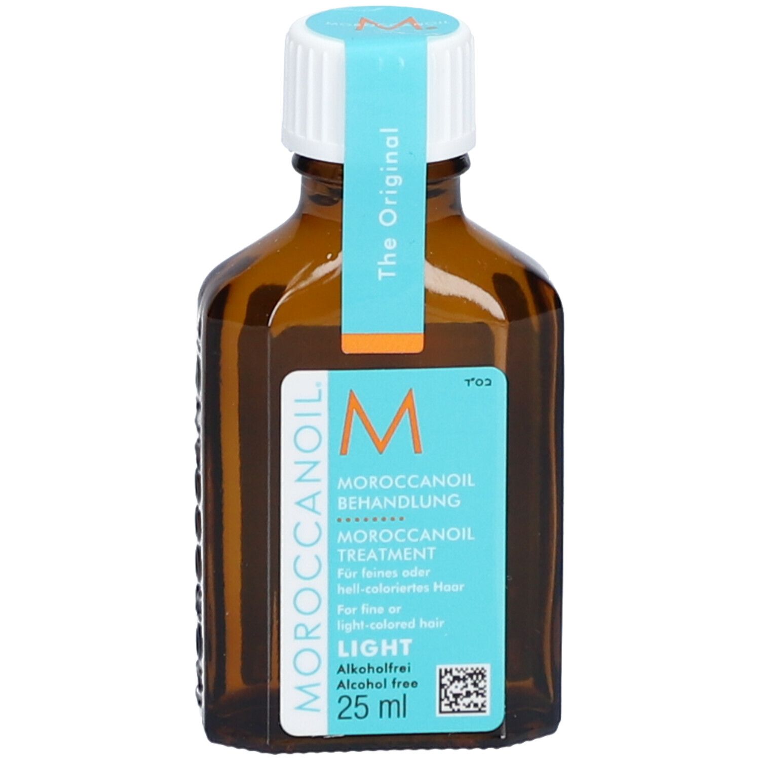 Bruine fles met blauw etiket. Opschrift: Moroccanoil Light. Witte dop. 25 ml.