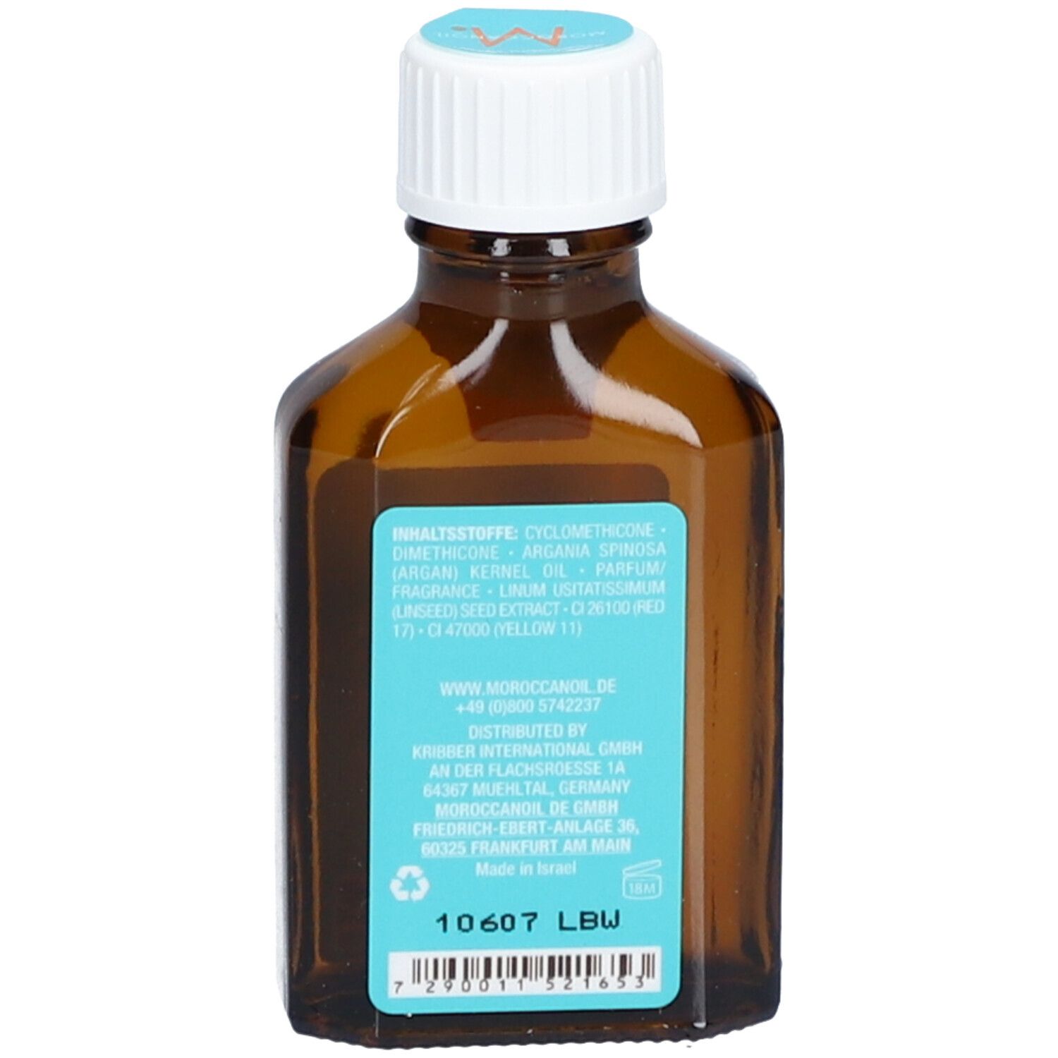 Achterkant bruine fles. Blauw etiket met ingrediënten en fabrikantinfo. 10607 LBW.