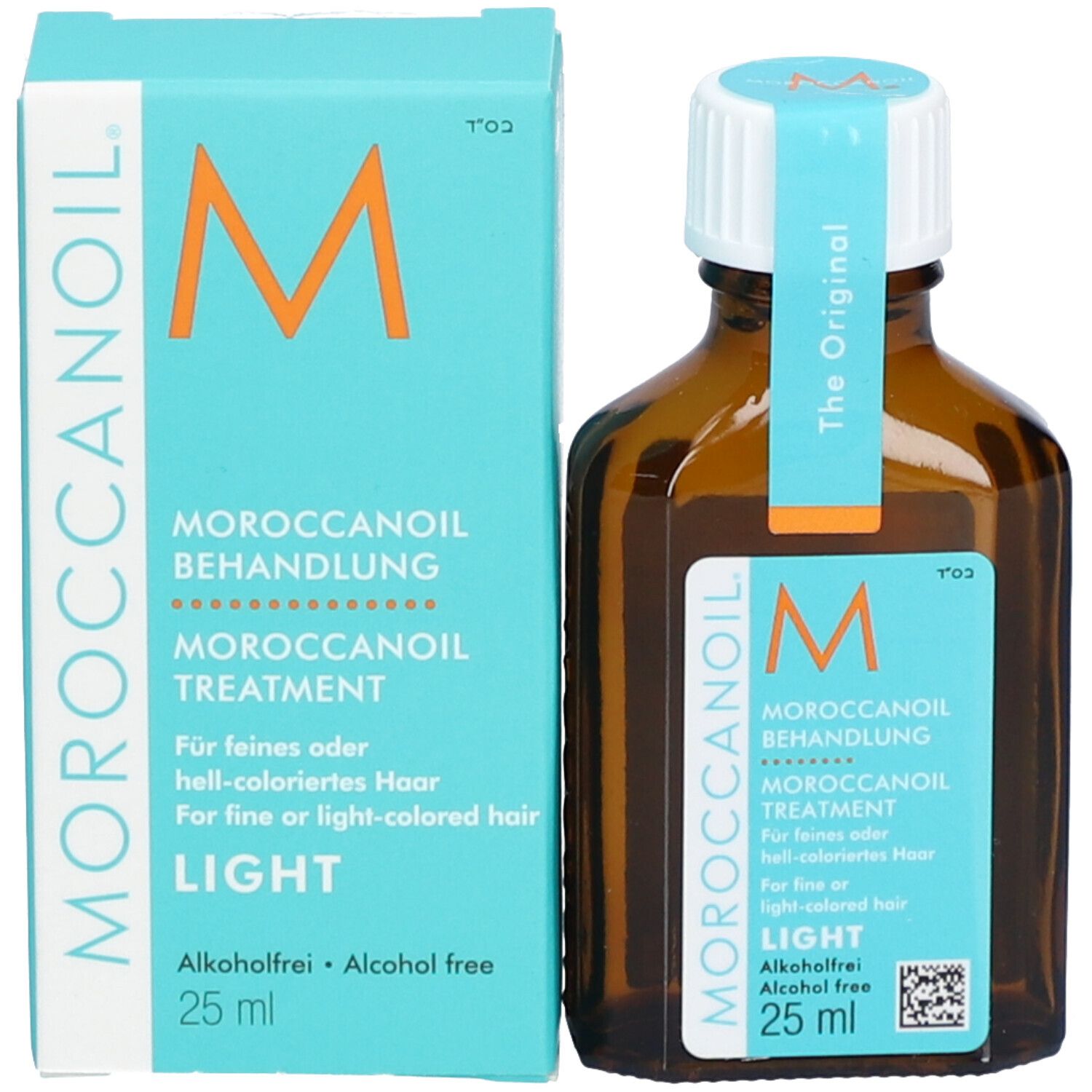 Productfles en doos. Fles: bruin, blauw etiket, witte dop. Doos: blauw, opschrift Moroccanoil Light.