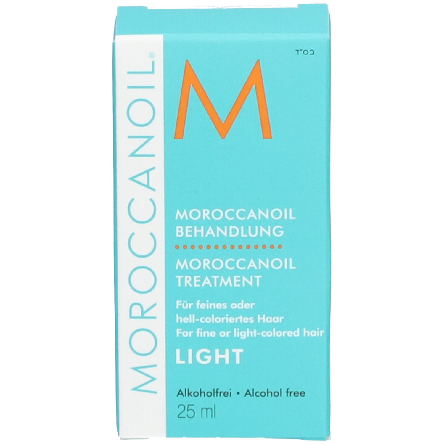Blauwe doos met opschrift Moroccanoil Light. Voor fijn of lichtgekleurd haar. 25 ml.