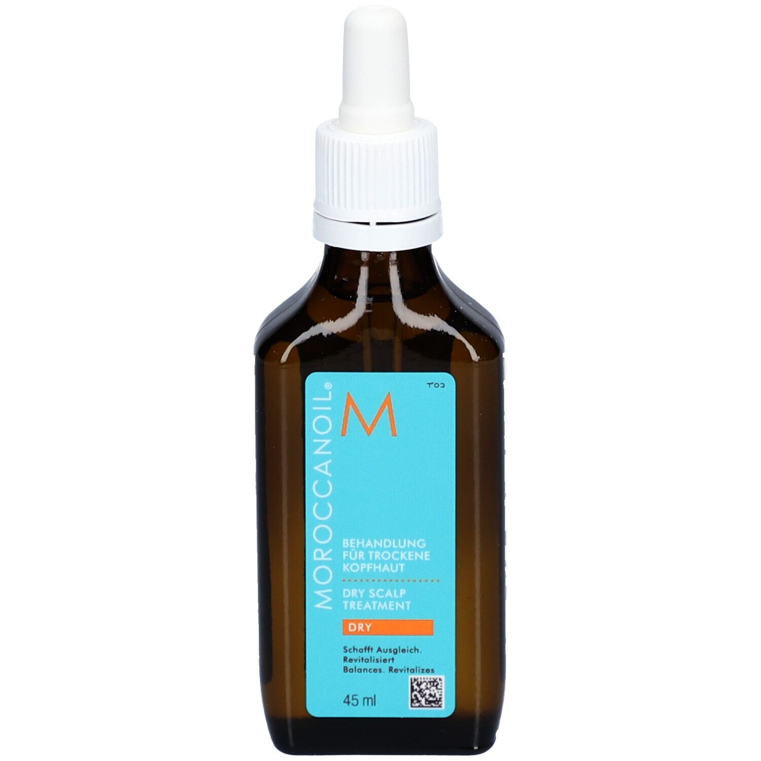 Bruine glazen fles met witte dop en pipet. Turquoise label met productnaam en logo.
